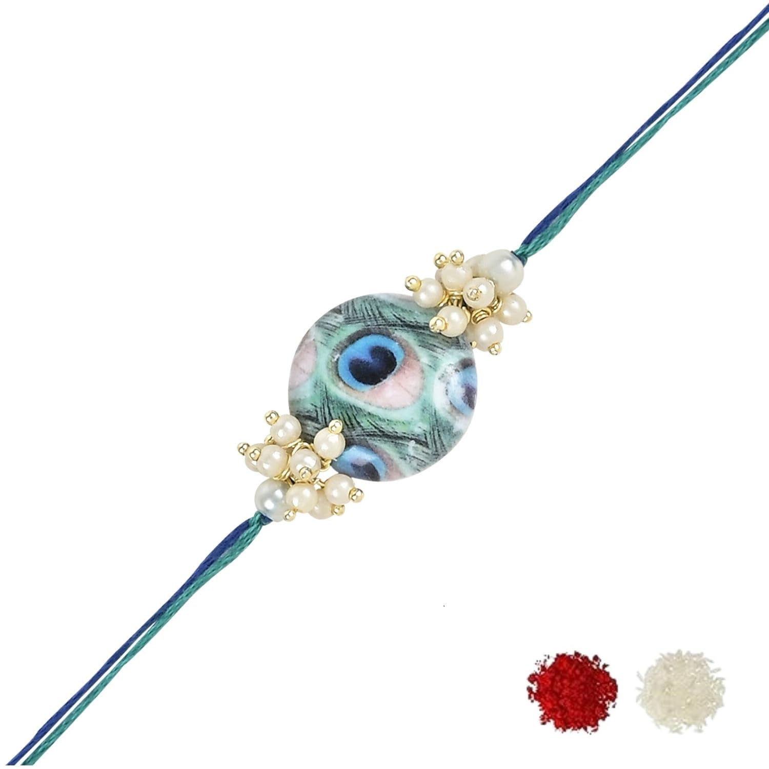 I Jewels Mens Pearl & Kundan Designer Bhaiya Rakhi With Roli Chawal & Rakshabandhan Card for Bro/Brother/Bhai (Pack Of 2) (style 12) - Image 2