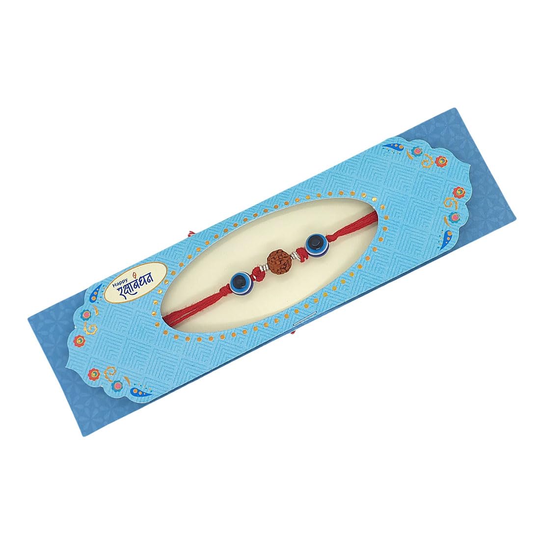 Handcrafted Rudraksh Rakhi with Blue Evil Eye Beads, Red Thread - Image 4
