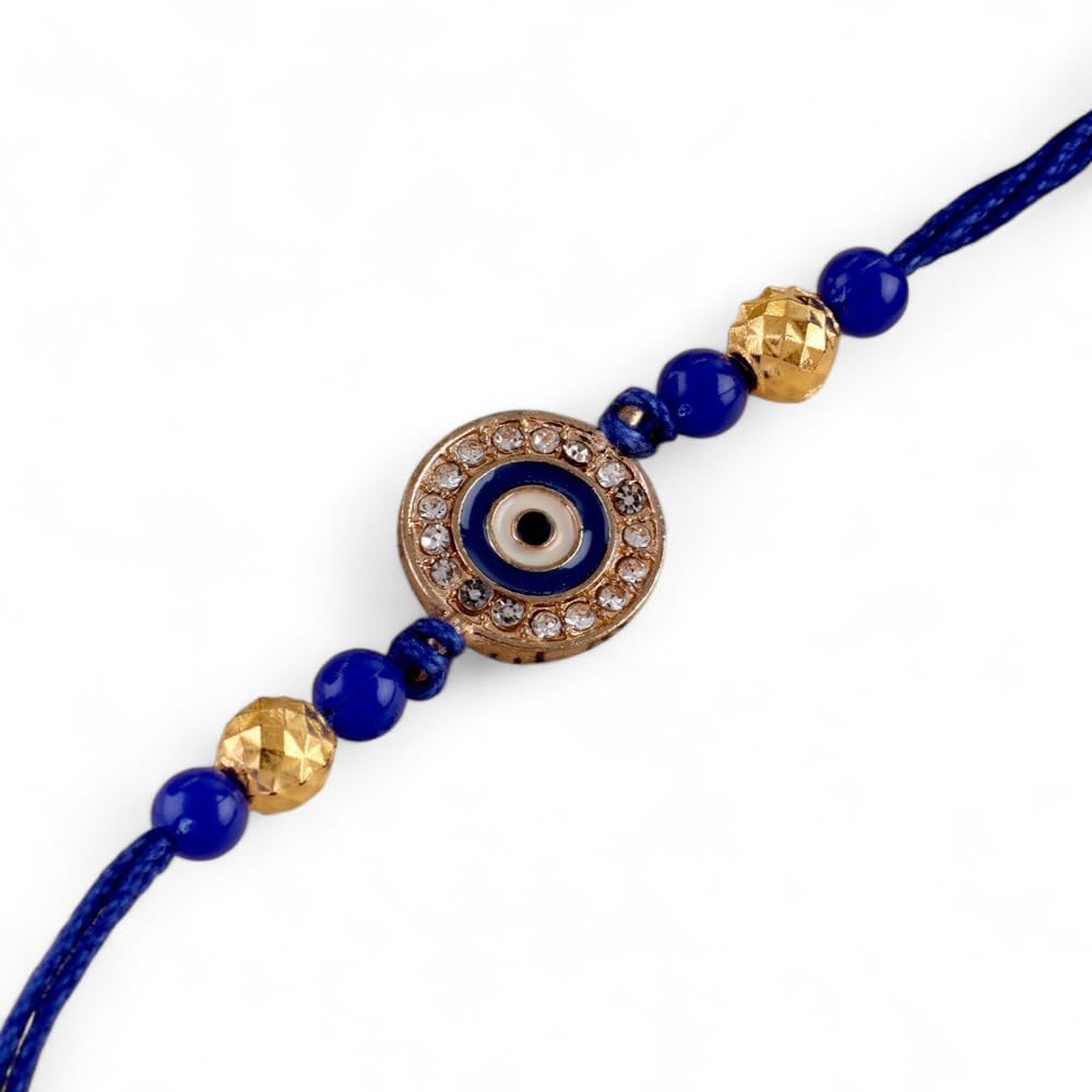 SHONA’S STYLE Evil Eye Bracelet with Crystal Rhinestones, Blue and Gold Beads, Thread Rakhi - Image 2
