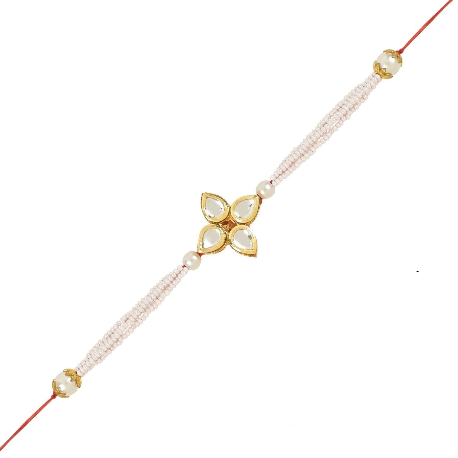 I Jewels Rakshabandhan Designer Handcrafted Pearl & Kundan Bhaiya Rakhi With Roli Chawal for Brother/Bro/Men (R120W) - Image 2