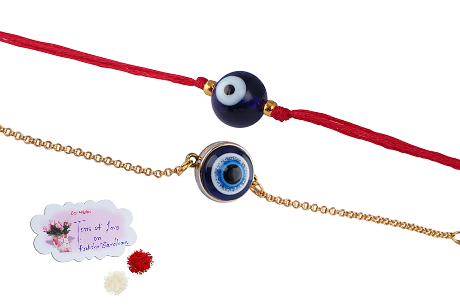 JFL Mens - Jewellery for Less Combo of 2 Traditional Evil Eye Rakhi for Rakshabandhan Festival Brother Rakhi Handcrafted with Roli Chawal & Hand Written Card, Adjustable. - Image 2