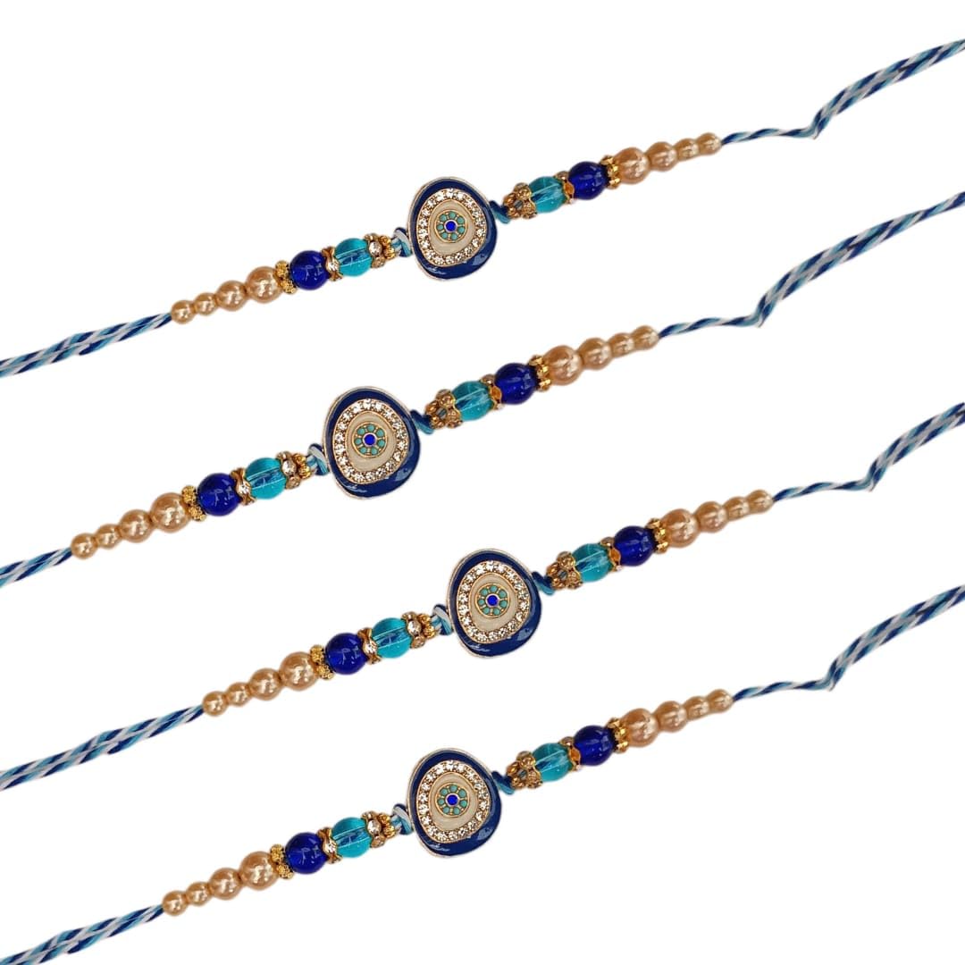 SWEKSHA CREATIONS Premium AD stone work EVIL EYE Rakhi Set for Brother Designer Blue Rakhis Combo for Raksha Bandhan (4 Rakhi) - Image 2