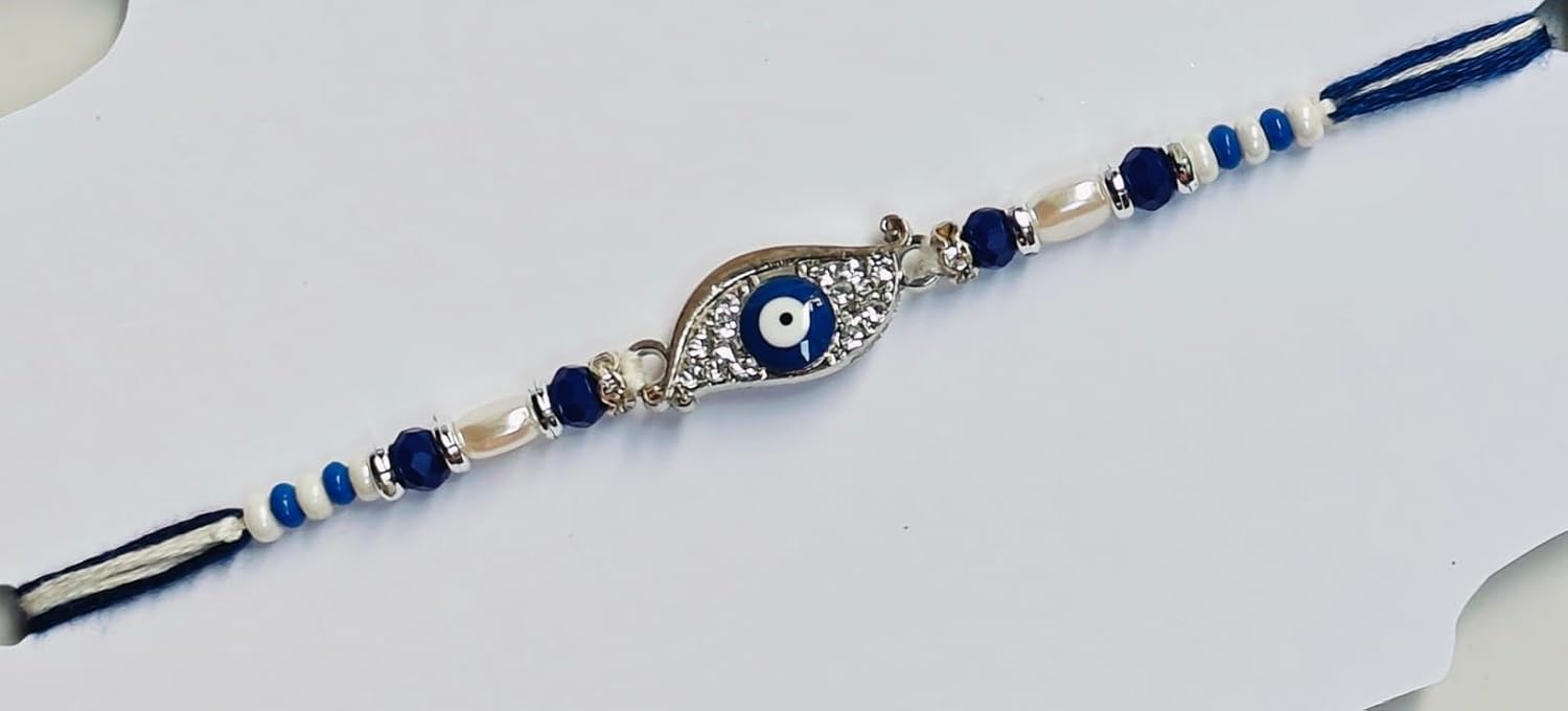 Evil Eye Rakhi with Crystal Stones, Blue and White Beads, Silver-Toned Charm - Pack of 1 - Image 5