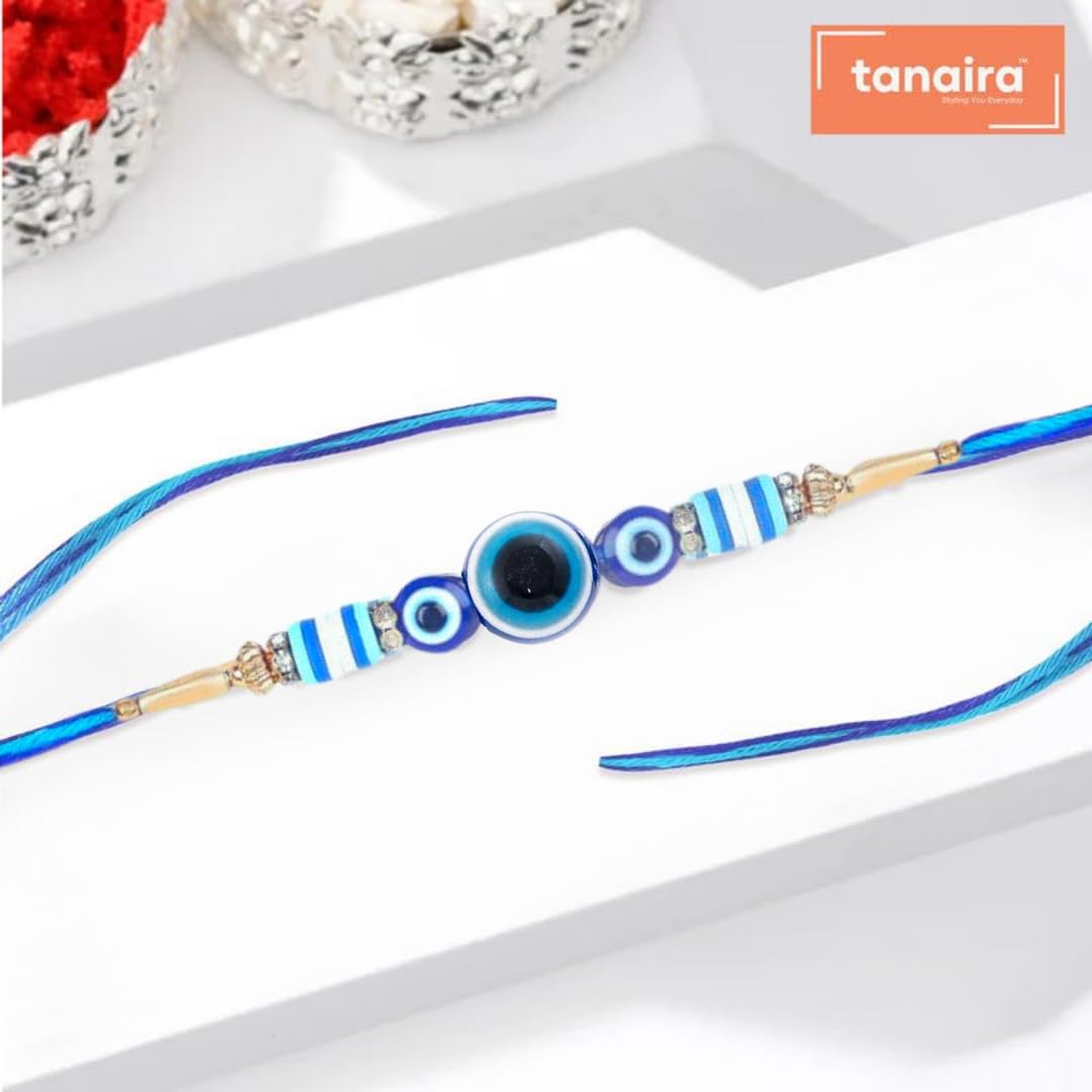 TANAIRA Rakhsha bandhan Rakhi for Brothers and Bhabhi| Designer Rakhi with Roli Chawal Pack| Gold Plated Designer Rakhis for Brother| Evil Eye Design Unique Rakhdi Set of 3|Rakhdee|Rakhee - Image 3