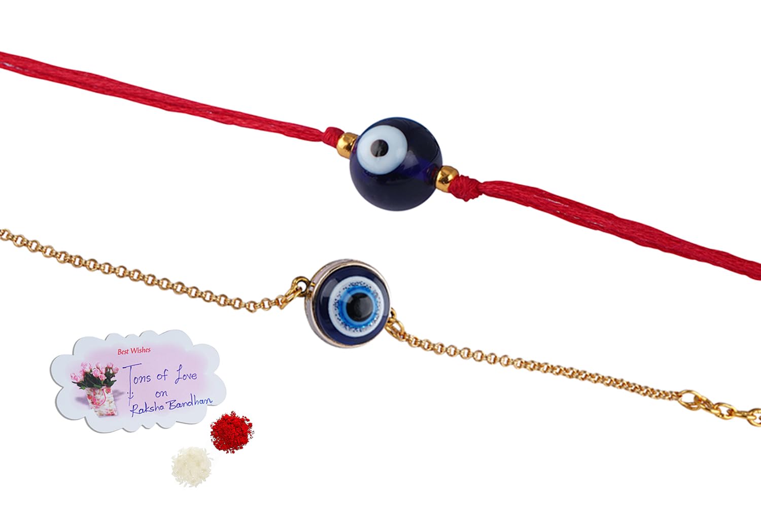 JFL Mens - Jewellery for Less Combo of 2 Traditional Evil Eye Rakhi for Rakshabandhan Festival Brother Rakhi Handcrafted with Roli Chawal & Hand Written Card, Adjustable. - Image 6