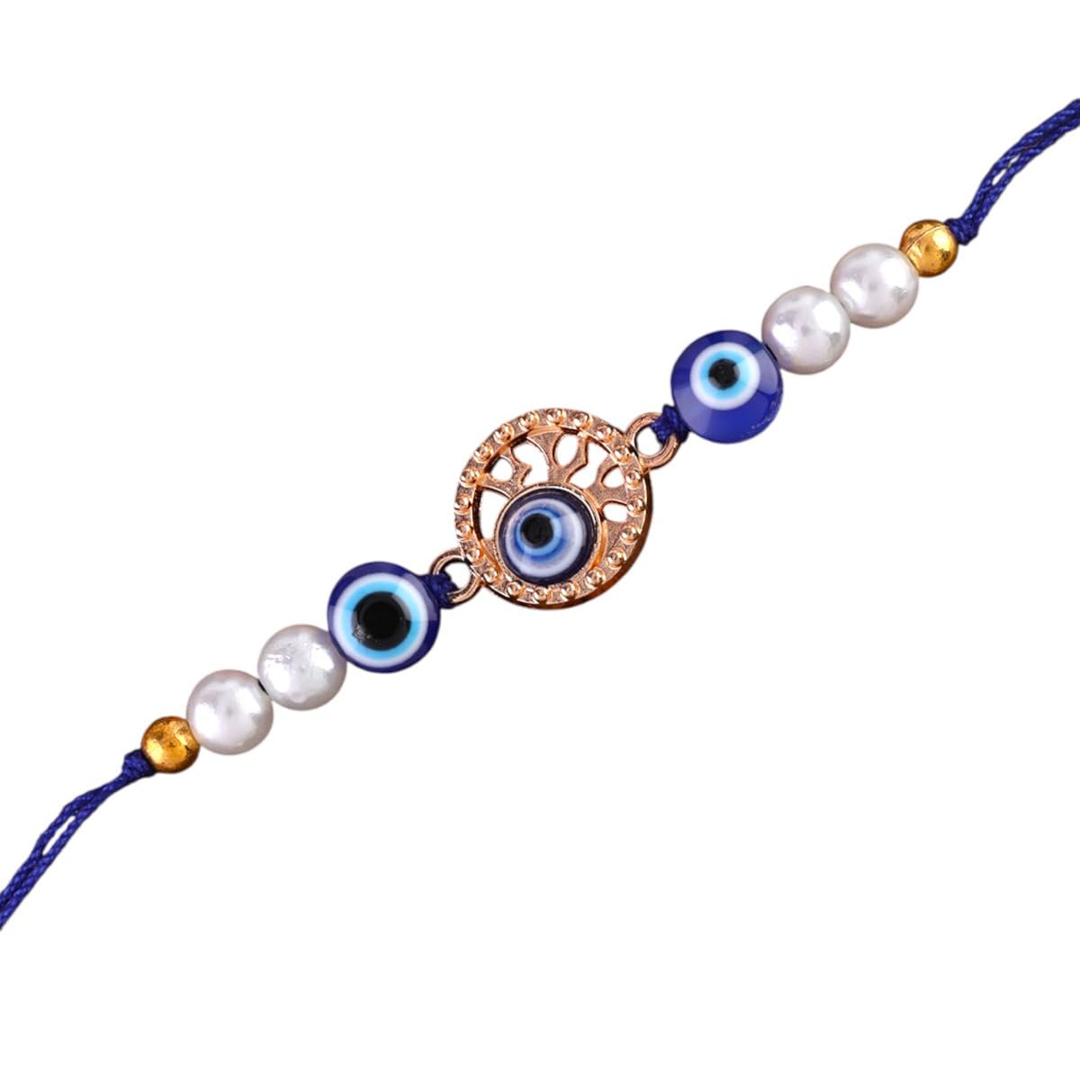 SHONA’S STYLE Evil Eye Charm Bracelet Rakhi with Crystal Rhinestones, Blue and Gold Beads, Thread Rakhi with roli chawal and cards - Image 2