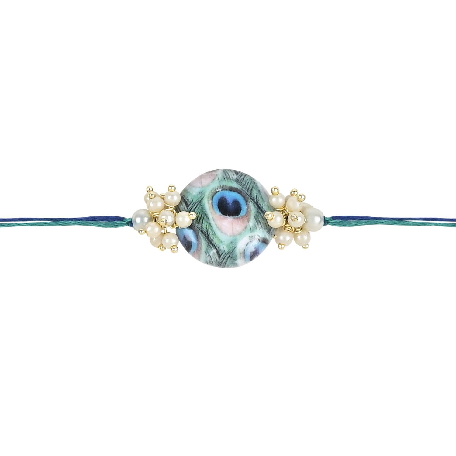 I Jewels Mens Pearl & Kundan Designer Bhaiya Rakhi With Roli Chawal & Rakshabandhan Card for Bro/Brother/Bhai (Pack Of 2) (style 12) - Image 3