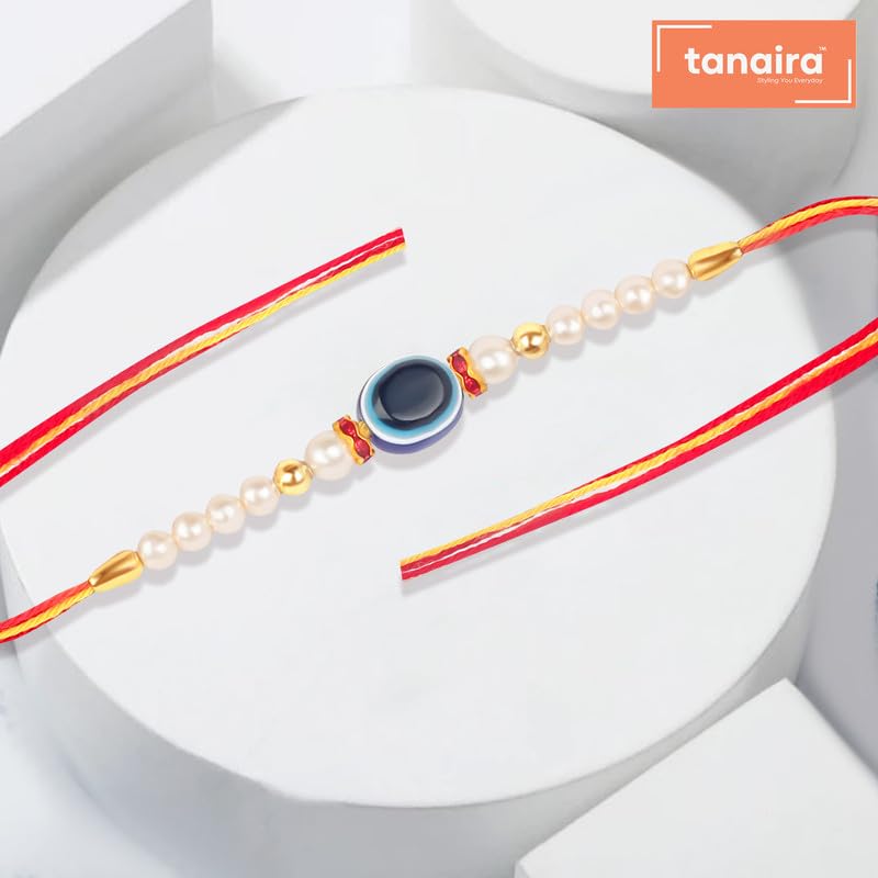 TANAIRA Blue Evil Eye Simple Design Rakhsha bandhan Rakhi for Brothers and Bhabhi| Religious Designer Rakhi with Roli Chawal Pack | Gold Plated Designer Rakhis for Brother |Unique Rakhdi Set of 3 - Image 3