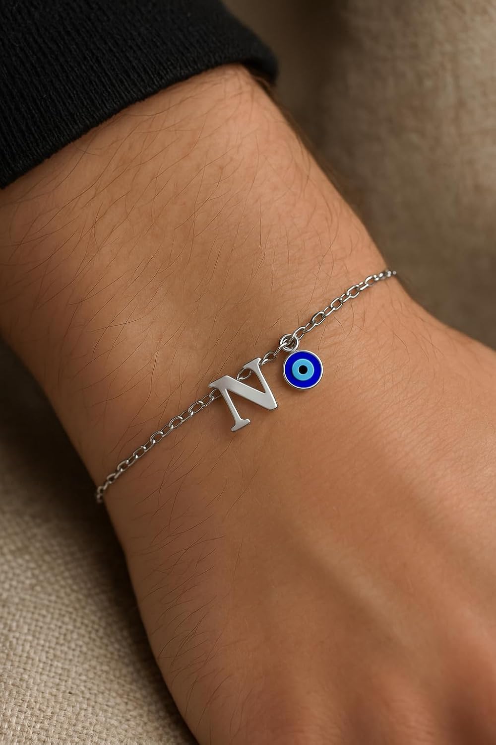 N Letter Blue Evil Eye Initial Name Rakhi Lumba Silver Plated Adjustable Bracelet for Raksha Bandhan | Rakhee Celebration Bracelet Online for Bhaiya, Bhabhi, Brother, Sister In law - Image 3