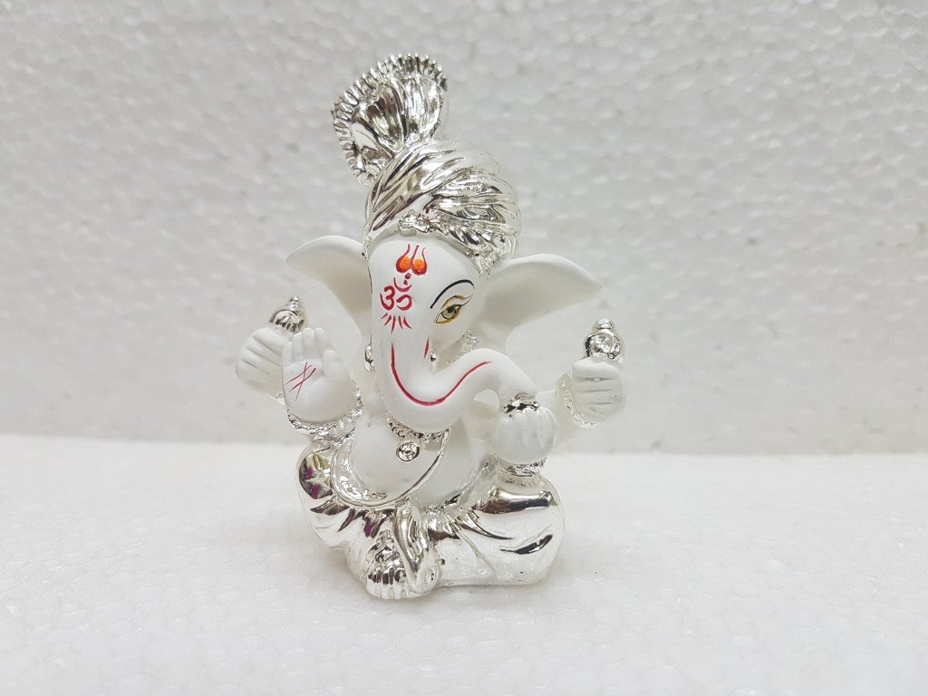 Gold Art India Ceramic Pagdi Ganesh Idol For Car Dashboard Small Ganesha Murti Ganpati Idol For Home Decor Puja Lord Ganesh Statue Gift For Office Desk Puja Room Figurine, 6X4X3Cm, Silver, Idol - Image 4