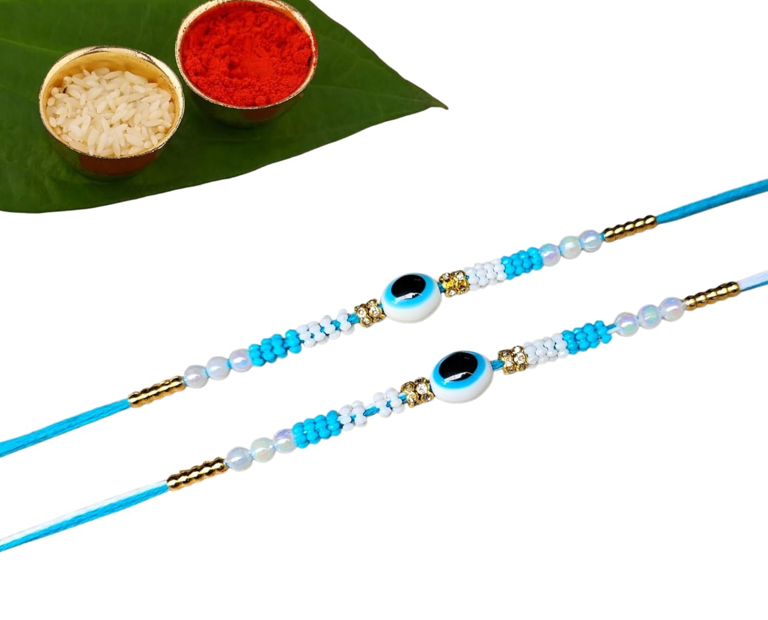 PrezzieBush, Pack of 2 Designer Evil Eye Rakhi for Brother, Studded with Pearls, with Roli + Kumkum for BROTHER - Image 2