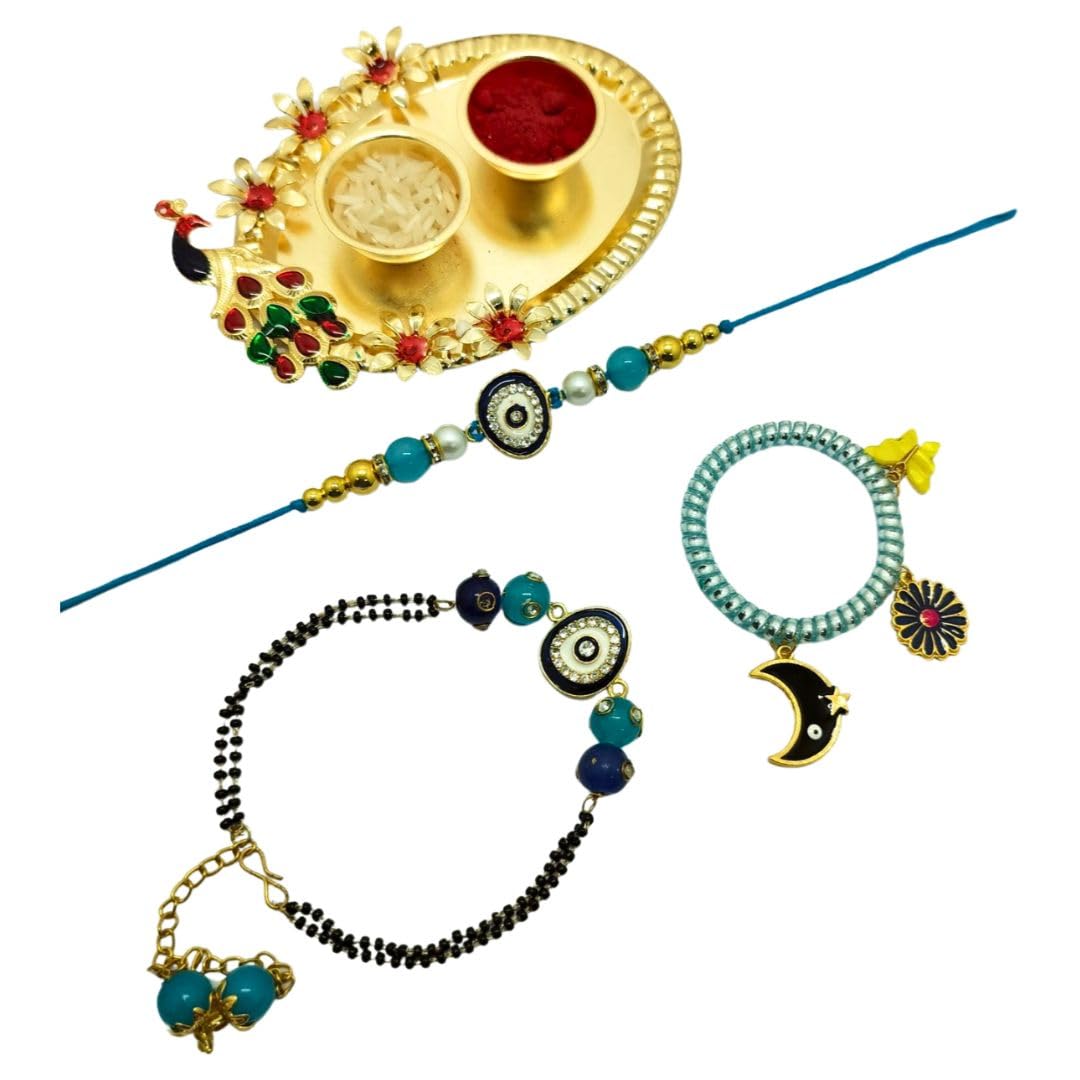 Alaukik Premium Bhaiya Bhabhi Stone Rakhi/Bracelet pair rakhi/Lumba Rakhi for Bhabhi/Desingner Handmade Rakhi with Eligent Design Pooja Thali for Roli and Chawal - Image 2
