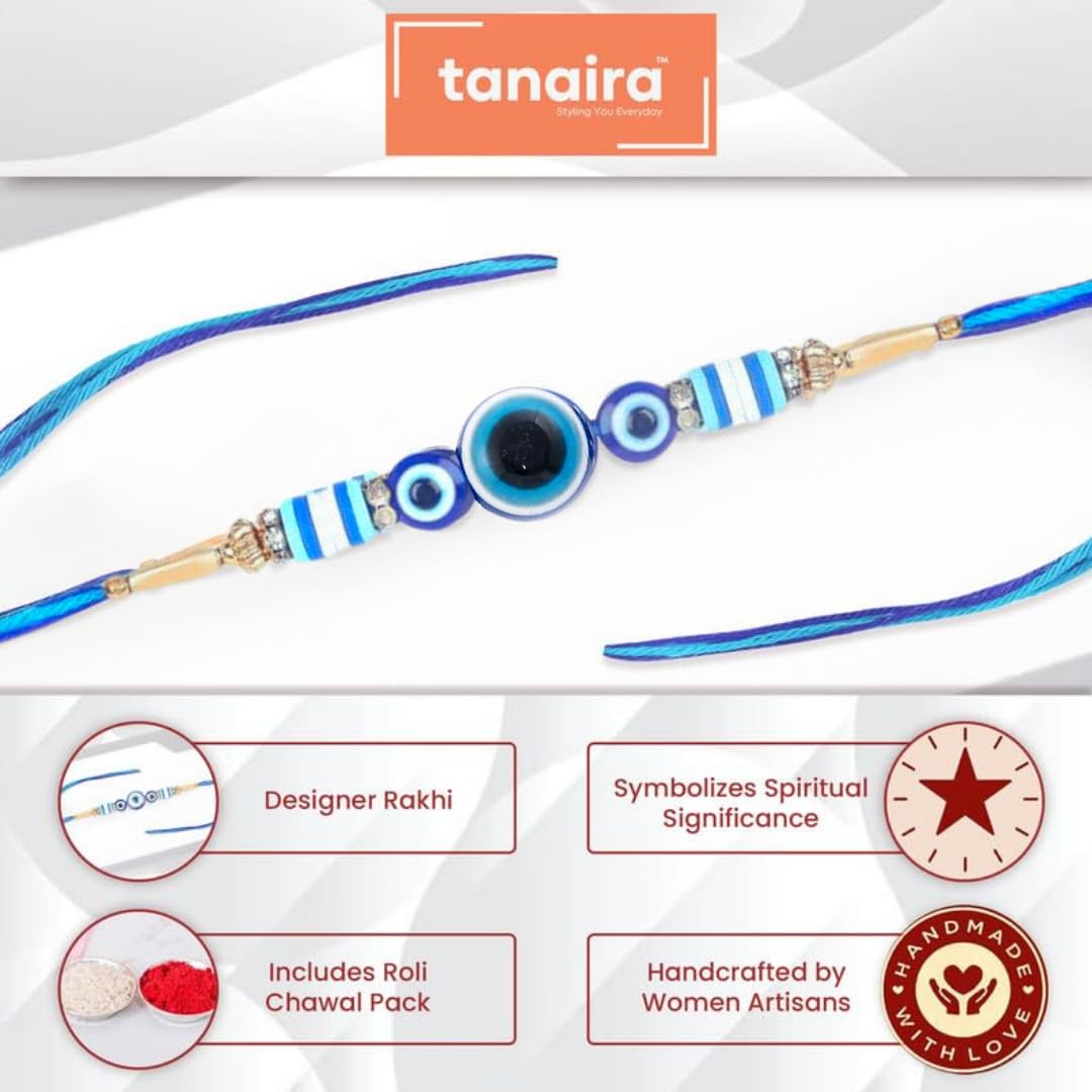 TANAIRA Rakhsha bandhan Rakhi for Brothers and Bhabhi| Designer Rakhi with Roli Chawal Pack| Gold Plated Designer Rakhis for Brother| Evil Eye Design Unique Rakhdi Set of 3|Rakhdee|Rakhee - Image 4