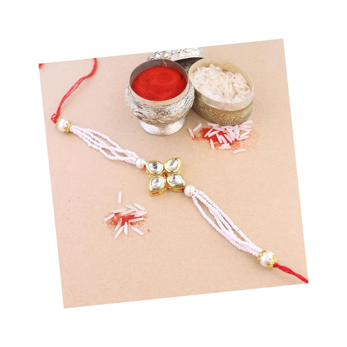 I Jewels Rakshabandhan Designer Handcrafted Pearl & Kundan Bhaiya Rakhi With Roli Chawal for Brother/Bro/Men (R120W) - Image 3