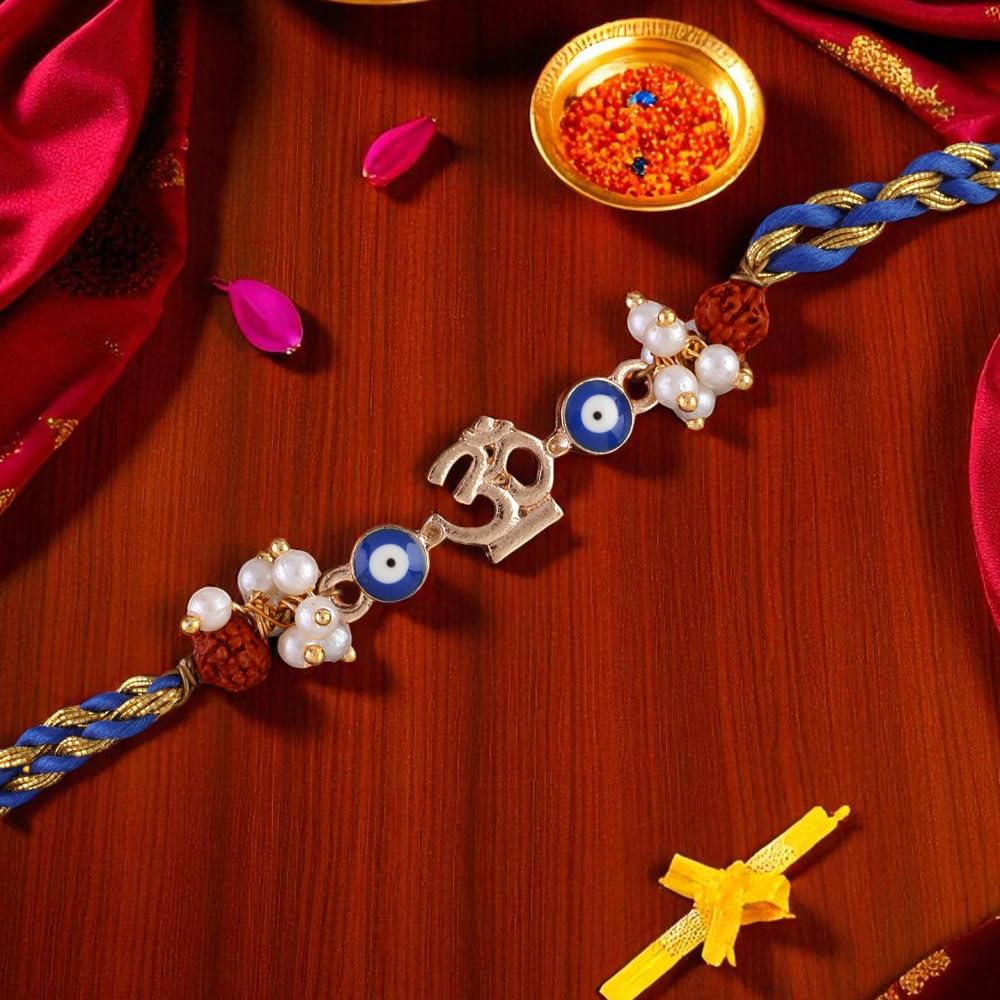 SHONA’S STYLE OM Charm Evil Eye Rakhi with Crystal Rhinestones, Blue and Gold Beads, Thread Rakhi - Image 4