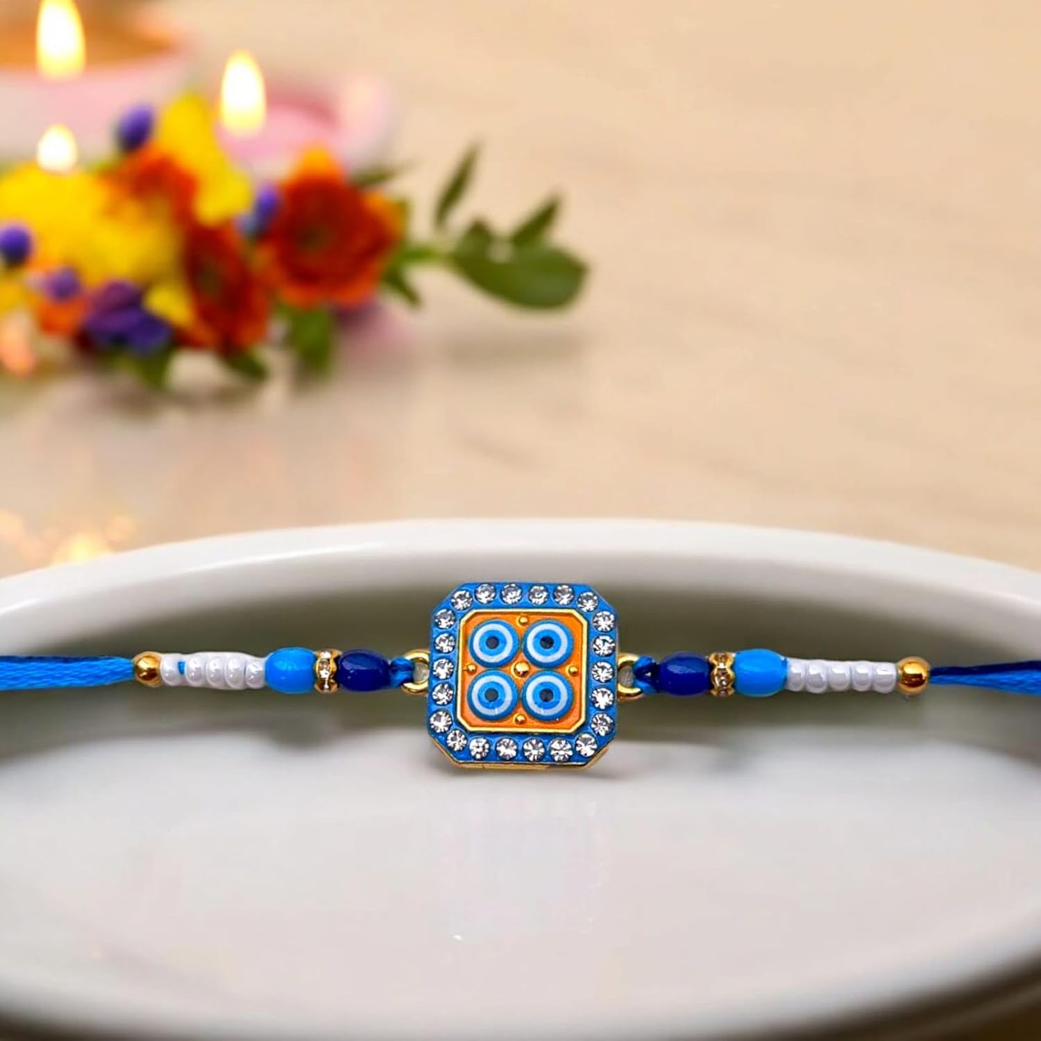 Evil Eye Rakhi for Brother Set of 2 Designer Rakhis with Blue & White Beads Protective Rakhi with Decorative Gift Card for Raksha Bandhan - Image 5