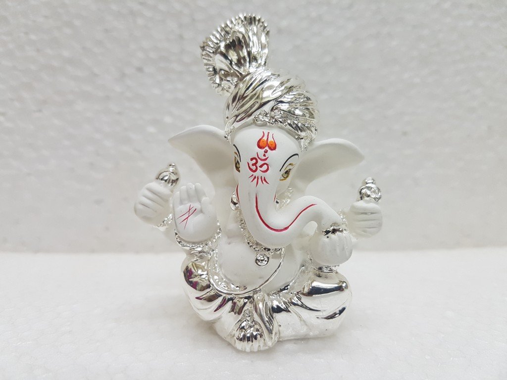 Gold Art India Ceramic Pagdi Ganesh Idol For Car Dashboard Small Ganesha Murti Ganpati Idol For Home Decor Puja Lord Ganesh Statue Gift For Office Desk Puja Room Figurine, 6X4X3Cm, Silver, Idol - Image 5