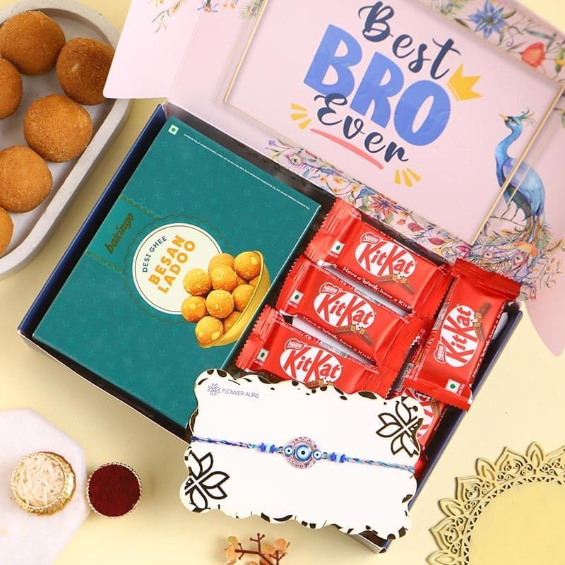 FlowerAura Premium Rakhi Hamper For Brother Include Blue Beaded Evil Eye Rakhi With 200g Besan Laddoo, 5 Chocolates & Roli Chawal In Box - Rakhi Gift For Brother, Bhai, Cousin, Kid (Same Day Delivery) - Image 3