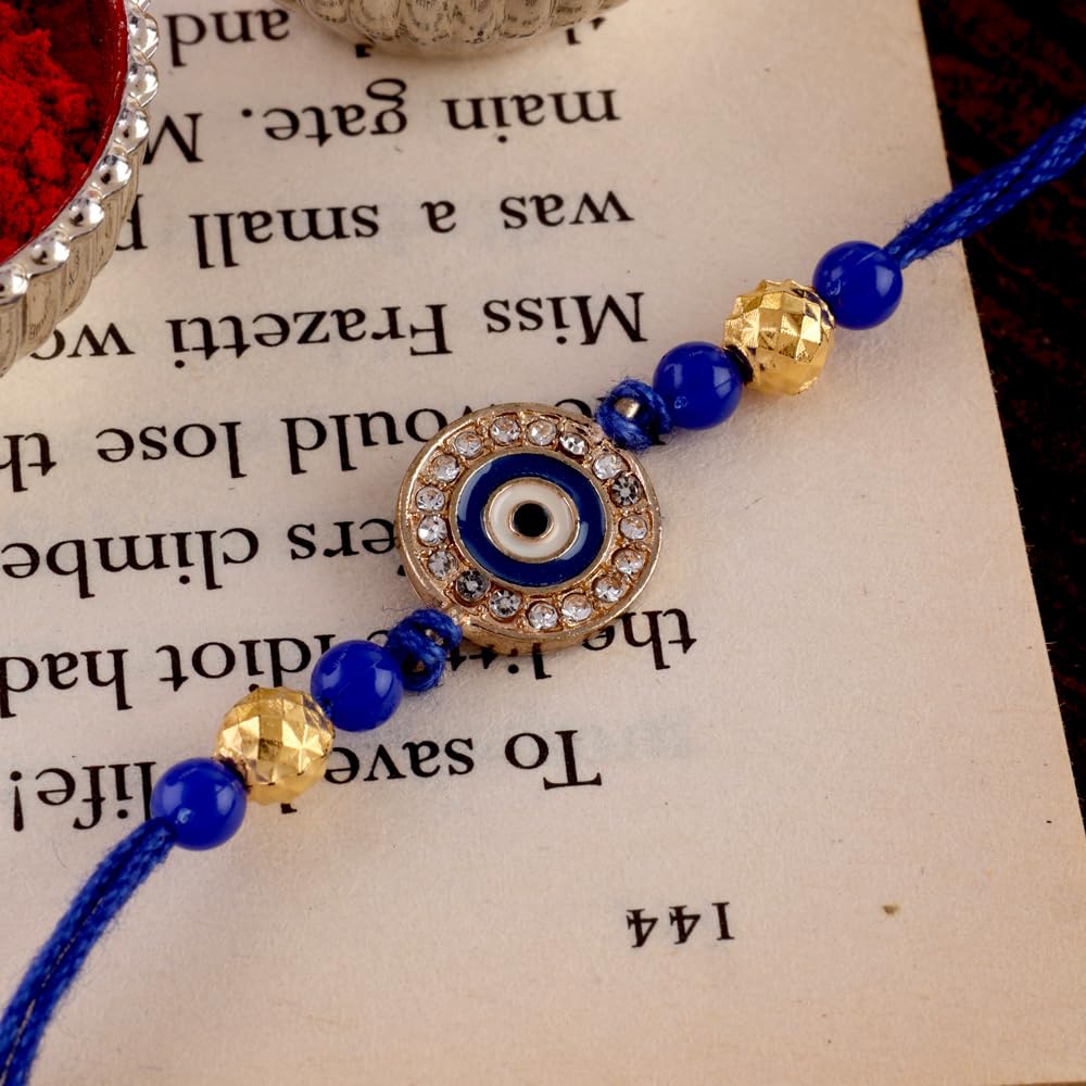 SHONA’S STYLE Evil Eye Bracelet with Crystal Rhinestones, Blue and Gold Beads, Thread Rakhi - Image 3