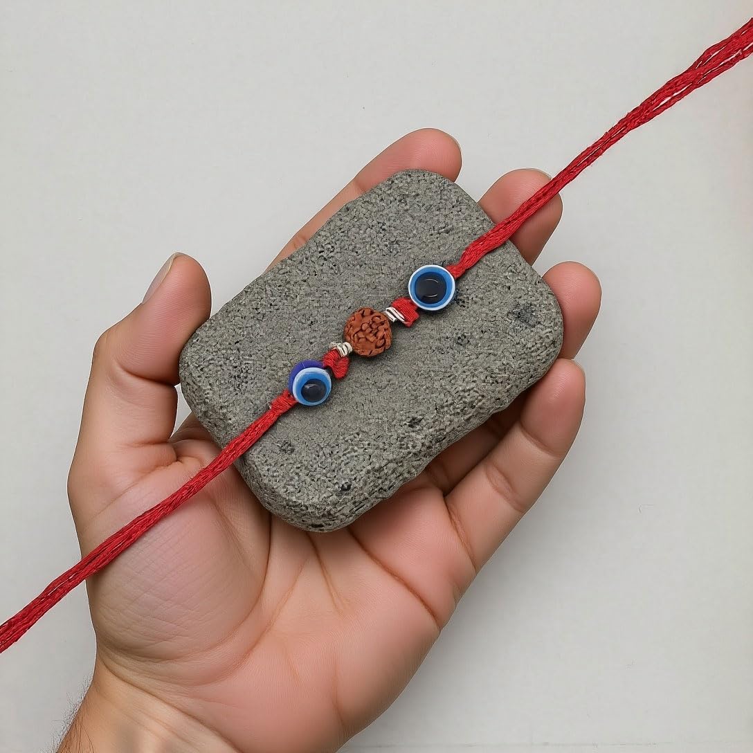 Handcrafted Rudraksh Rakhi with Blue Evil Eye Beads, Red Thread - Image 3
