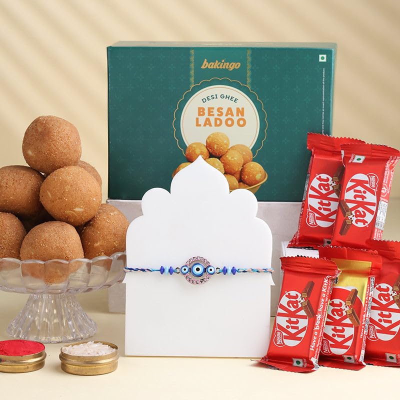 FlowerAura Premium Rakhi Hamper For Brother Include Blue Beaded Evil Eye Rakhi With 200g Besan Laddoo, 5 Chocolates & Roli Chawal In Box - Rakhi Gift For Brother, Bhai, Cousin, Kid (Same Day Delivery) - Image 4