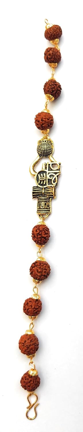 Apnisanskriti Premium Rudrakasha Rakhi Bracelet Golden Cap Shiv with Damru Kamandal or Trishul for Men and Women (Free Size, AAA Quality) - Image 3