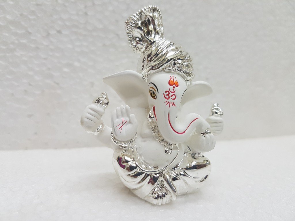 Gold Art India Ceramic Pagdi Ganesh Idol For Car Dashboard Small Ganesha Murti Ganpati Idol For Home Decor Puja Lord Ganesh Statue Gift For Office Desk Puja Room Figurine, 6X4X3Cm, Silver, Idol - Image 3