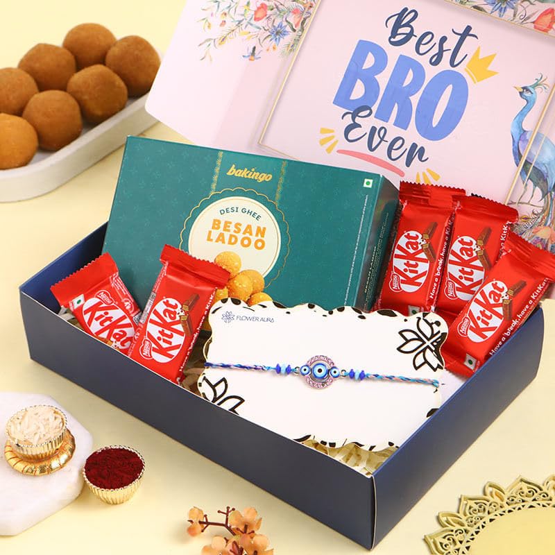 FlowerAura Premium Rakhi Hamper For Brother Include Blue Beaded Evil Eye Rakhi With 200g Besan Laddoo, 5 Chocolates & Roli Chawal In Box - Rakhi Gift For Brother, Bhai, Cousin, Kid (Same Day Delivery) - Image 2