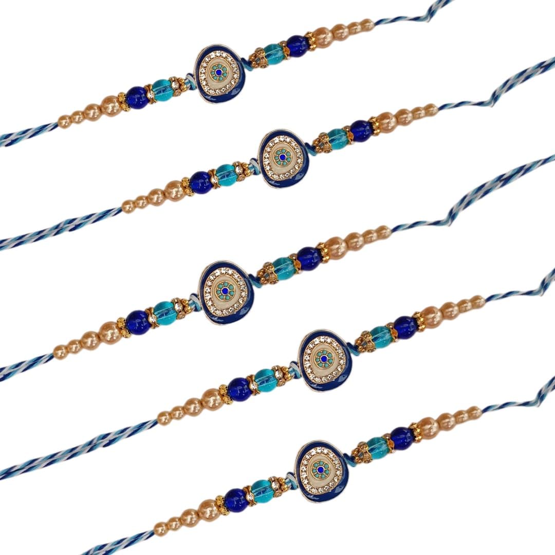 SWEKSHA CREATIONS Premium AD stone work EVIL EYE Rakhi Set for Brother Designer Blue Rakhis Combo for Raksha Bandhan (5 Rakhi) - Image 2