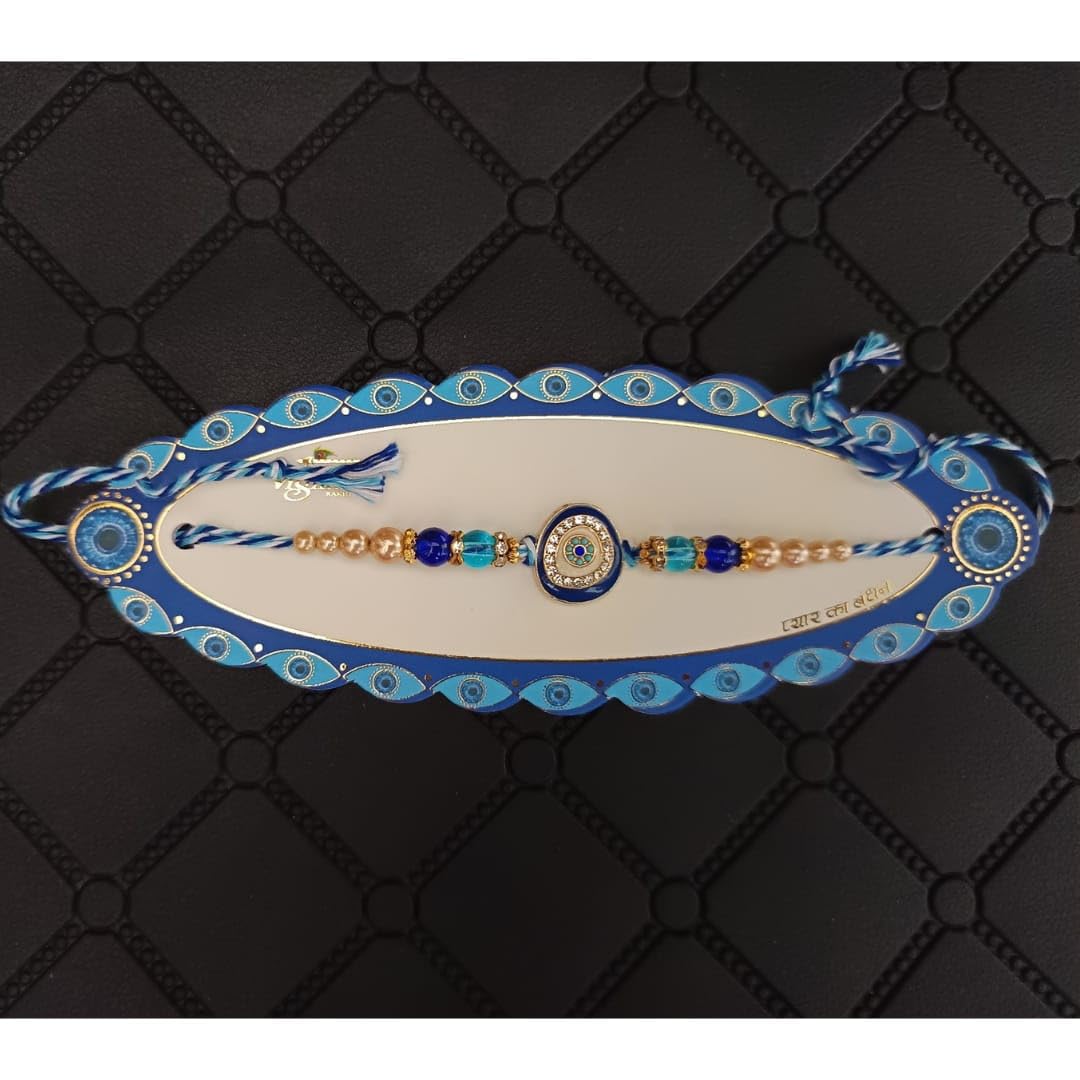 SWEKSHA CREATIONS Premium AD stone work EVIL EYE Rakhi Set for Brother Designer Blue Rakhis Combo for Raksha Bandhan (4 Rakhi) - Image 3