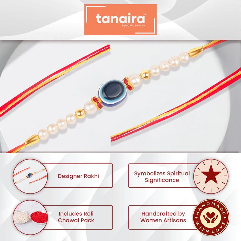 TANAIRA Blue Evil Eye Simple Design Rakhsha bandhan Rakhi for Brothers and Bhabhi| Religious Designer Rakhi with Roli Chawal Pack | Gold Plated Designer Rakhis for Brother |Unique Rakhdi Set of 3 - Image 4