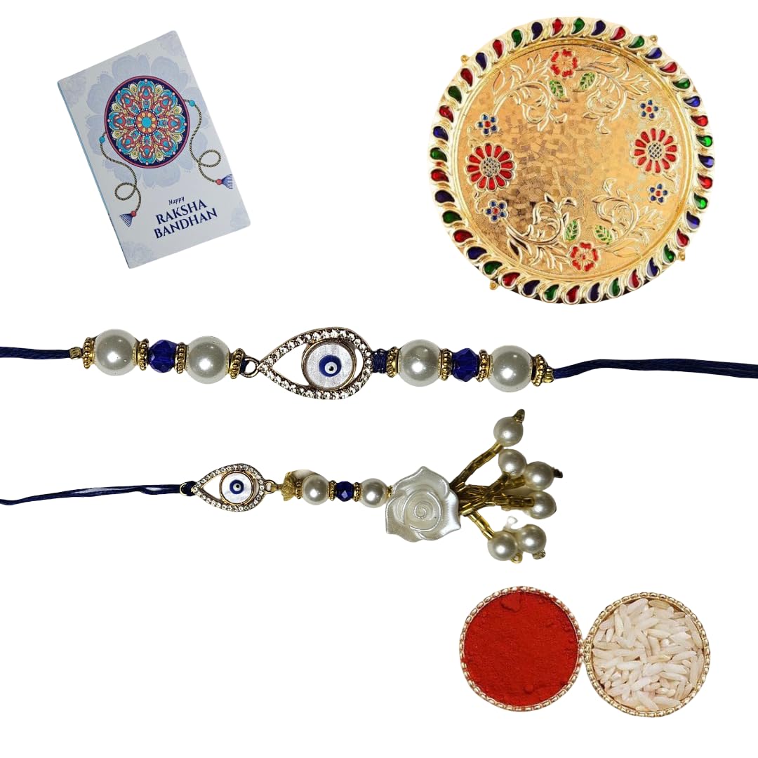 Evil Eye Rakhi & Lumba Set for Bhaiya Bhabhi with Greeting Card, Roli Chawal & Decorative Thali | Blue Beads Pearl Rakhi Combo for Raksha Bandhan for brother and sister in law - Image 2