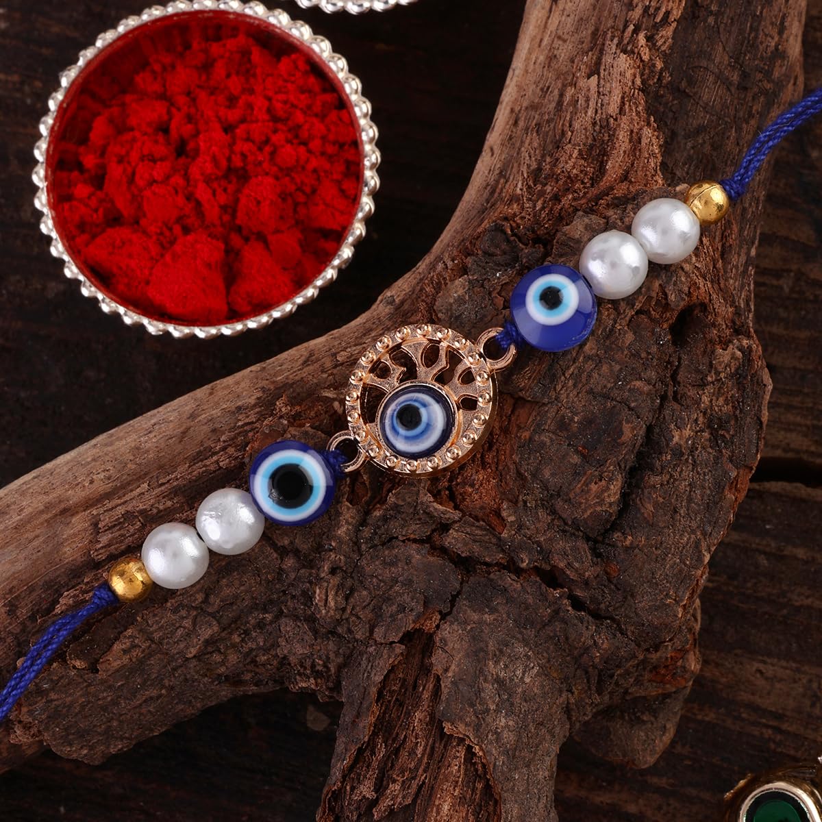 SHONA’S STYLE Evil Eye Charm Bracelet Rakhi with Crystal Rhinestones, Blue and Gold Beads, Thread Rakhi with roli chawal and cards - Image 3