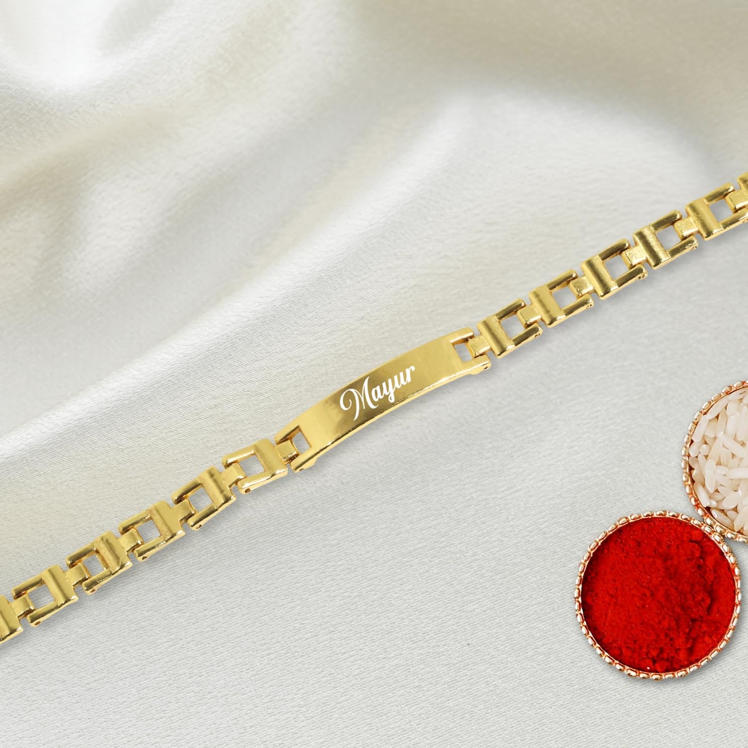 Innovative Gifts Personalized Metal Rakhi with Name for Brother I Hand carved Brass Made I Engraved Name Bracelet I Stylish Trendy & Long Lasting Customized gift for Bhaiya on Rakshabandhan - Golden - Image 4