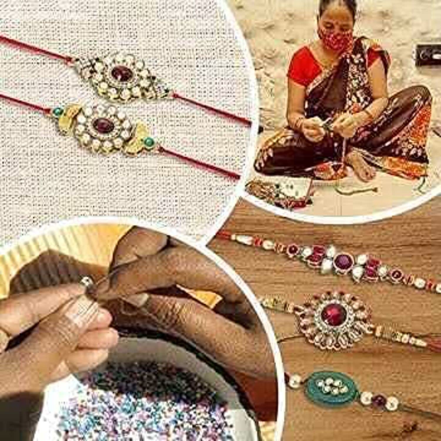 I Jewels Mens Pearl & Kundan Designer Bhaiya Rakhi With Roli Chawal & Rakshabandhan Card for Bro/Brother/Bhai (Pack Of 2) (style 12) - Image 6