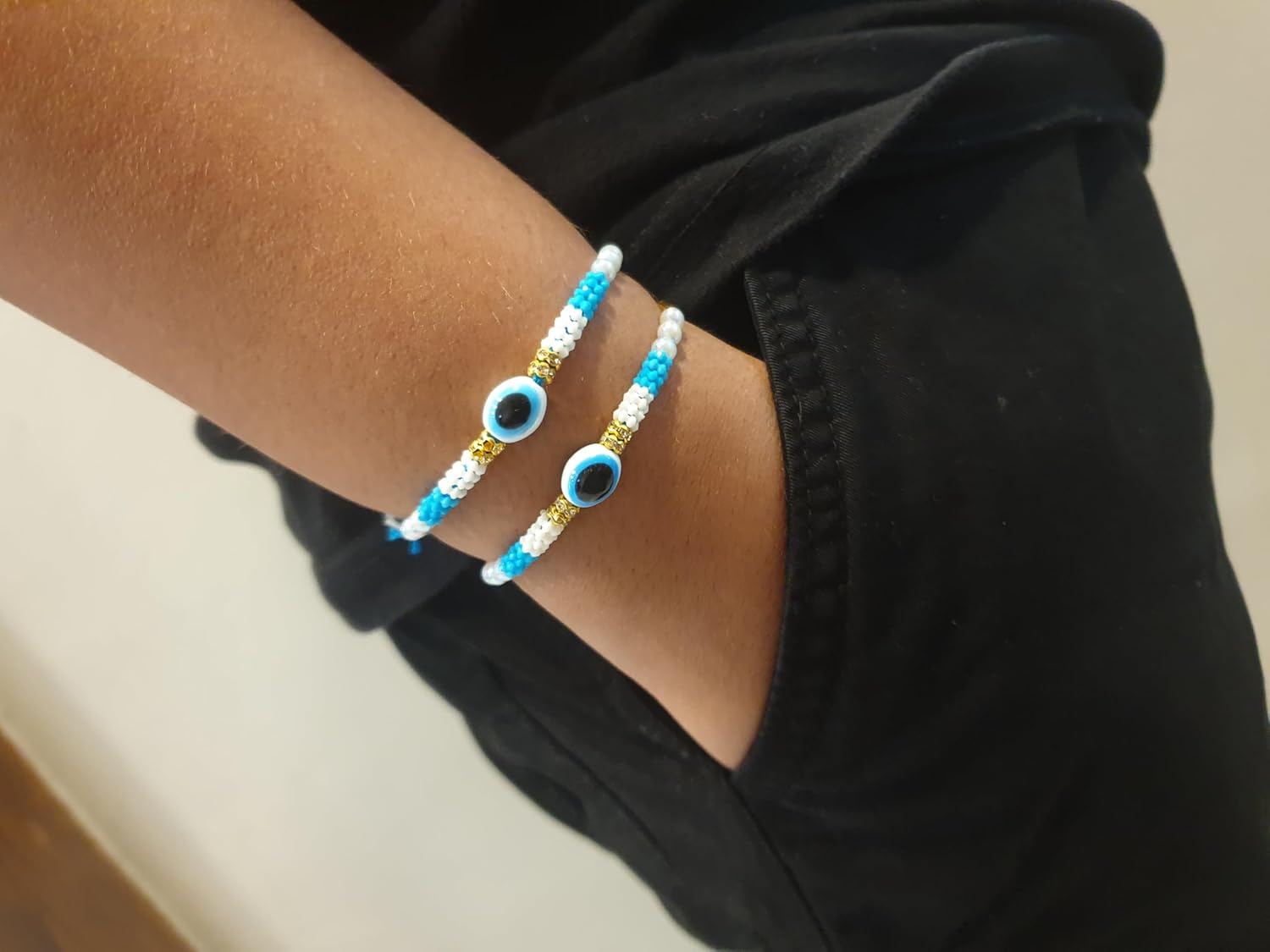 PrezzieBush, Pack of 2 Designer Evil Eye Rakhi for Brother, Studded with Pearls, with Roli + Kumkum for BROTHER - Image 4