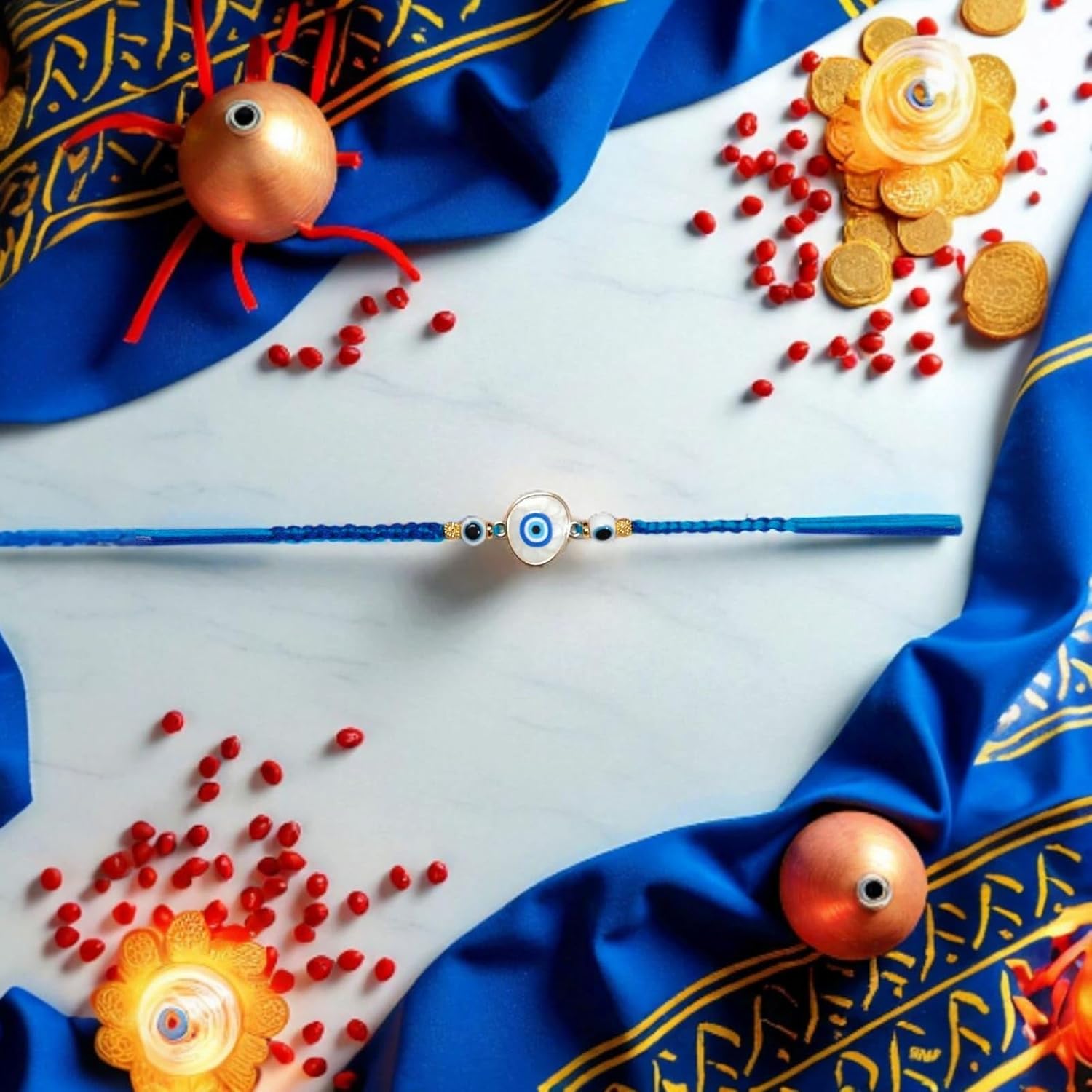 VedaVedu Traditional Evil Eye Rakhi with Roli Chawal Gift Set for Rakshabandhan, Blue and Gold - Image 4