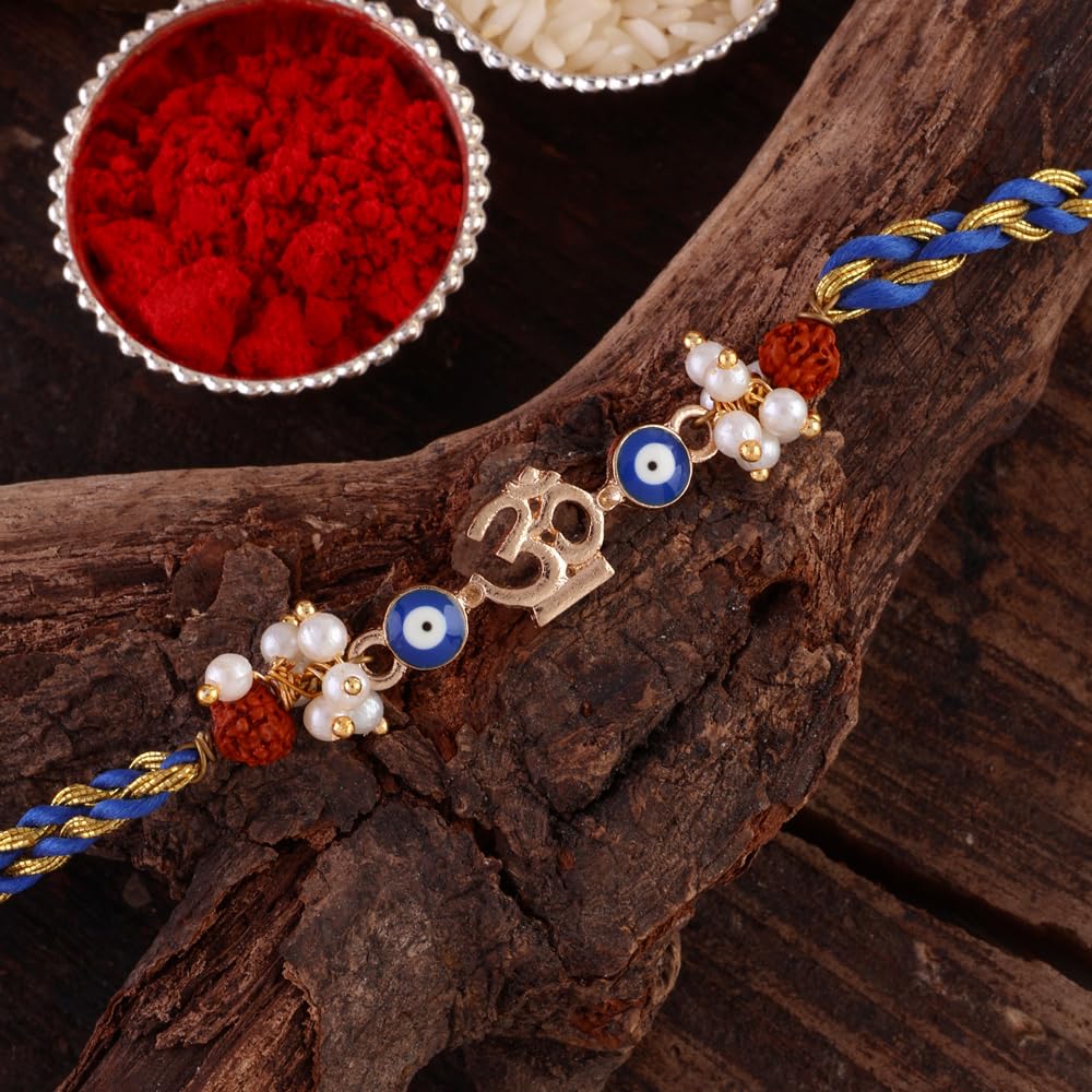 SHONA’S STYLE OM Charm Evil Eye Rakhi with Crystal Rhinestones, Blue and Gold Beads, Thread Rakhi - Image 3