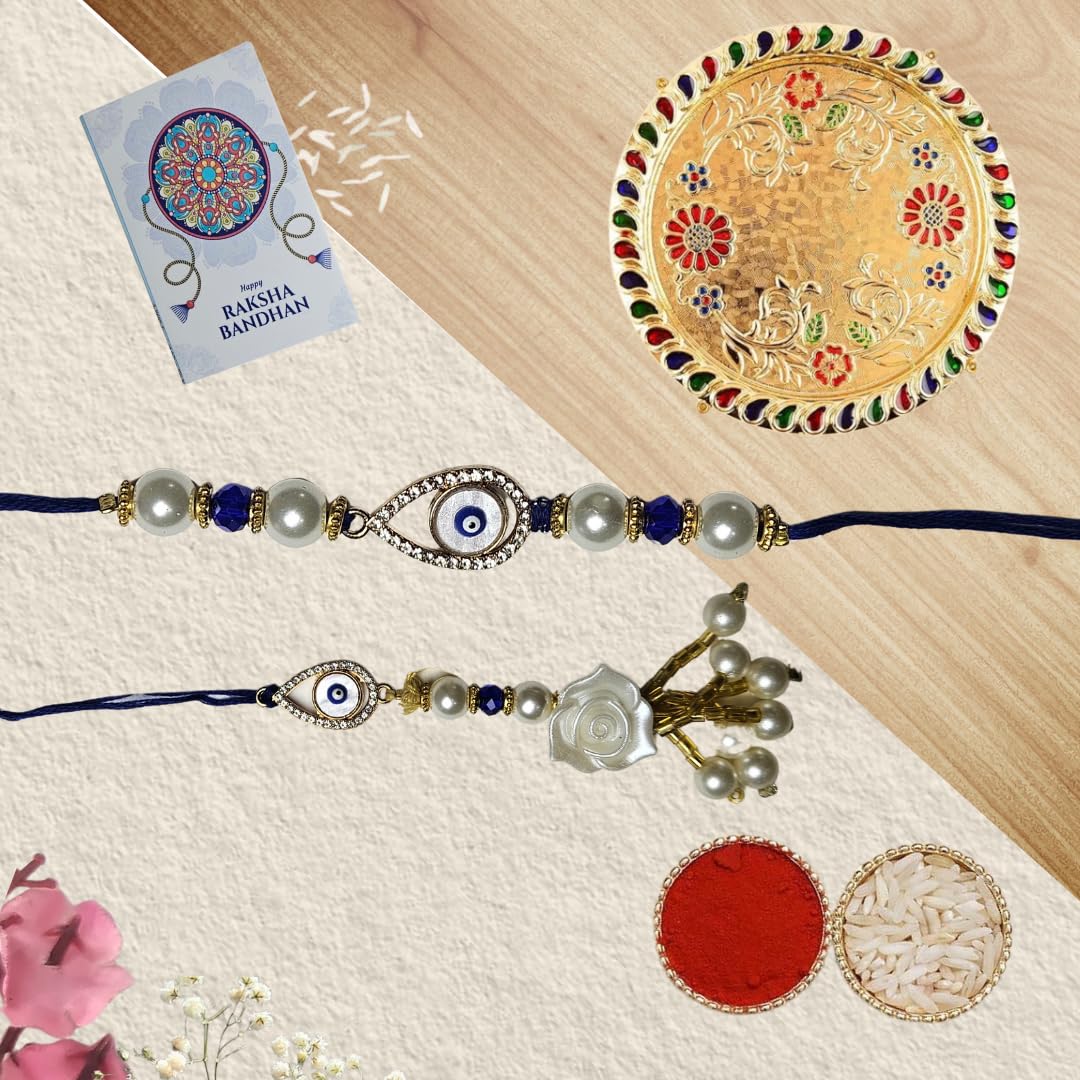 Evil Eye Rakhi & Lumba Set for Bhaiya Bhabhi with Greeting Card, Roli Chawal & Decorative Thali | Blue Beads Pearl Rakhi Combo for Raksha Bandhan for brother and sister in law - Image 3