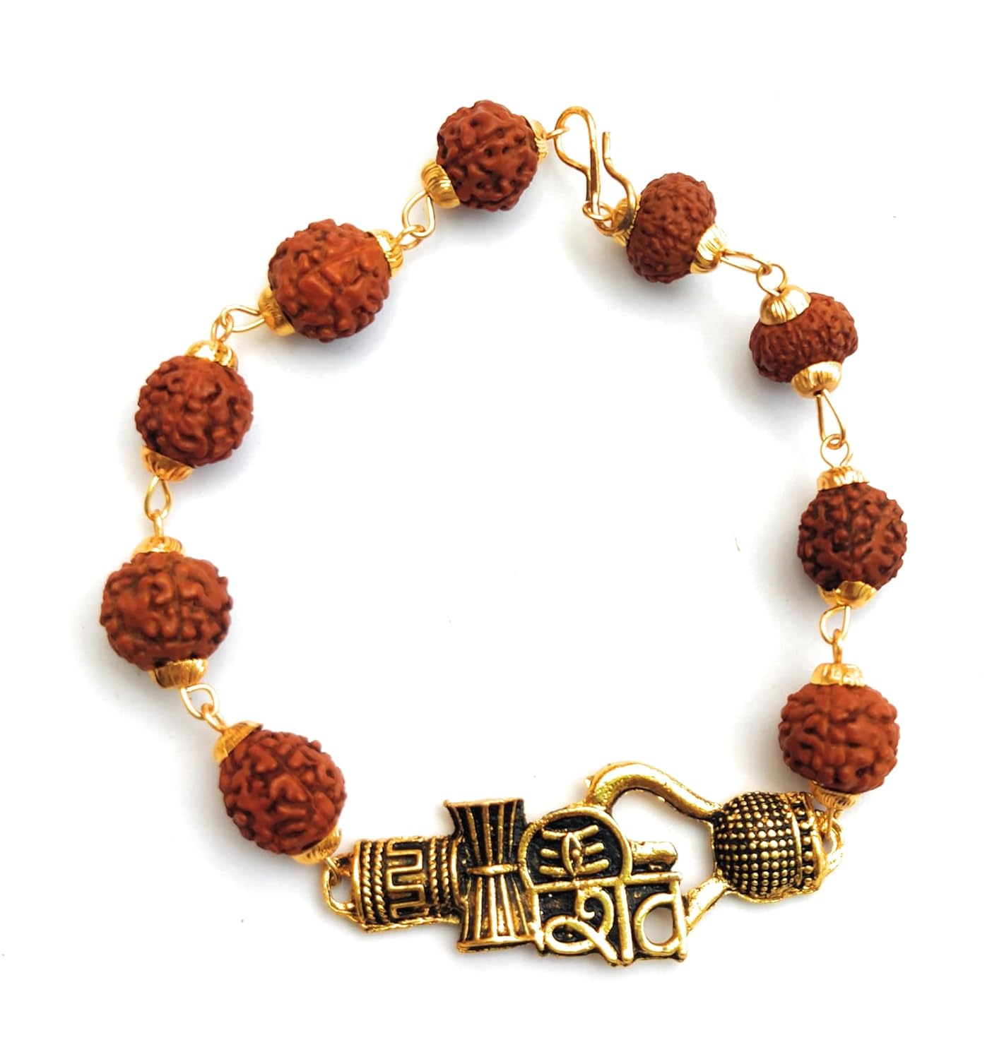 Apnisanskriti Premium Rudrakasha Rakhi Bracelet Golden Cap Shiv with Damru Kamandal or Trishul for Men and Women (Free Size, AAA Quality) - Image 2