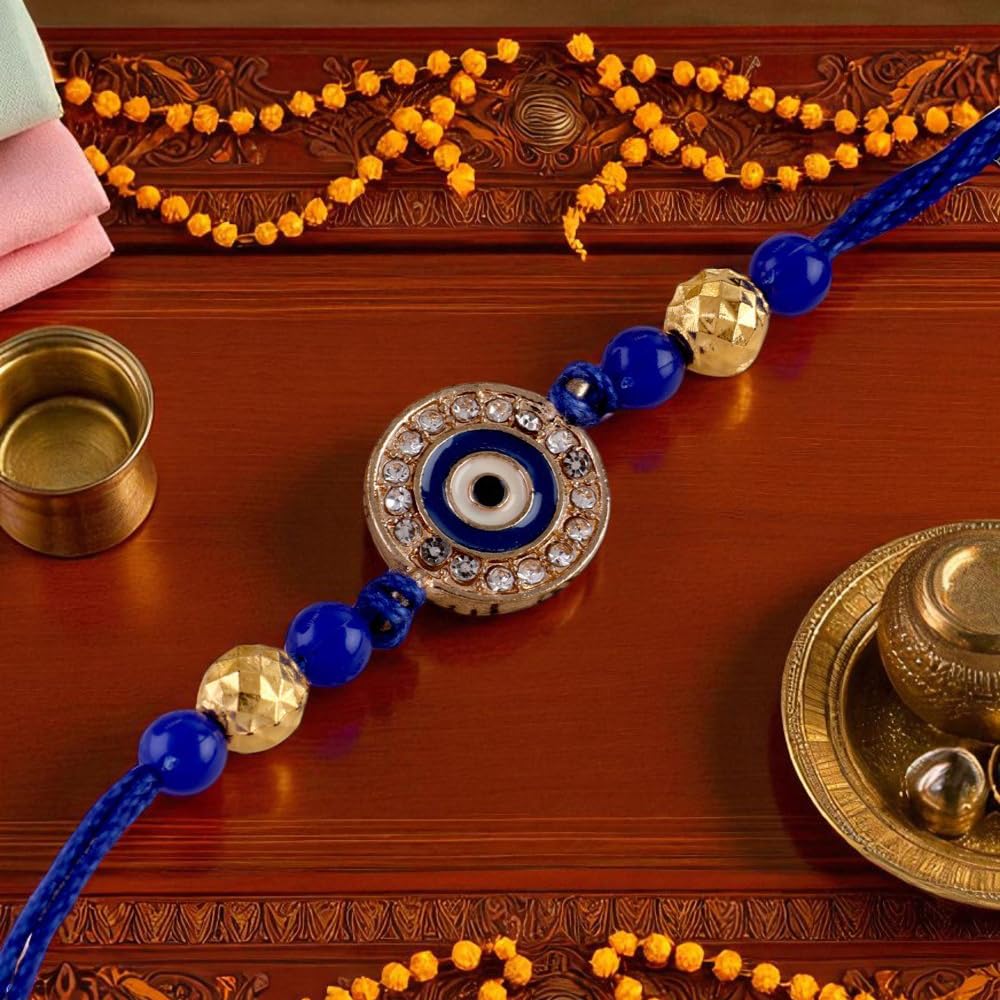 SHONA’S STYLE Evil Eye Bracelet with Crystal Rhinestones, Blue and Gold Beads, Thread Rakhi - Image 4