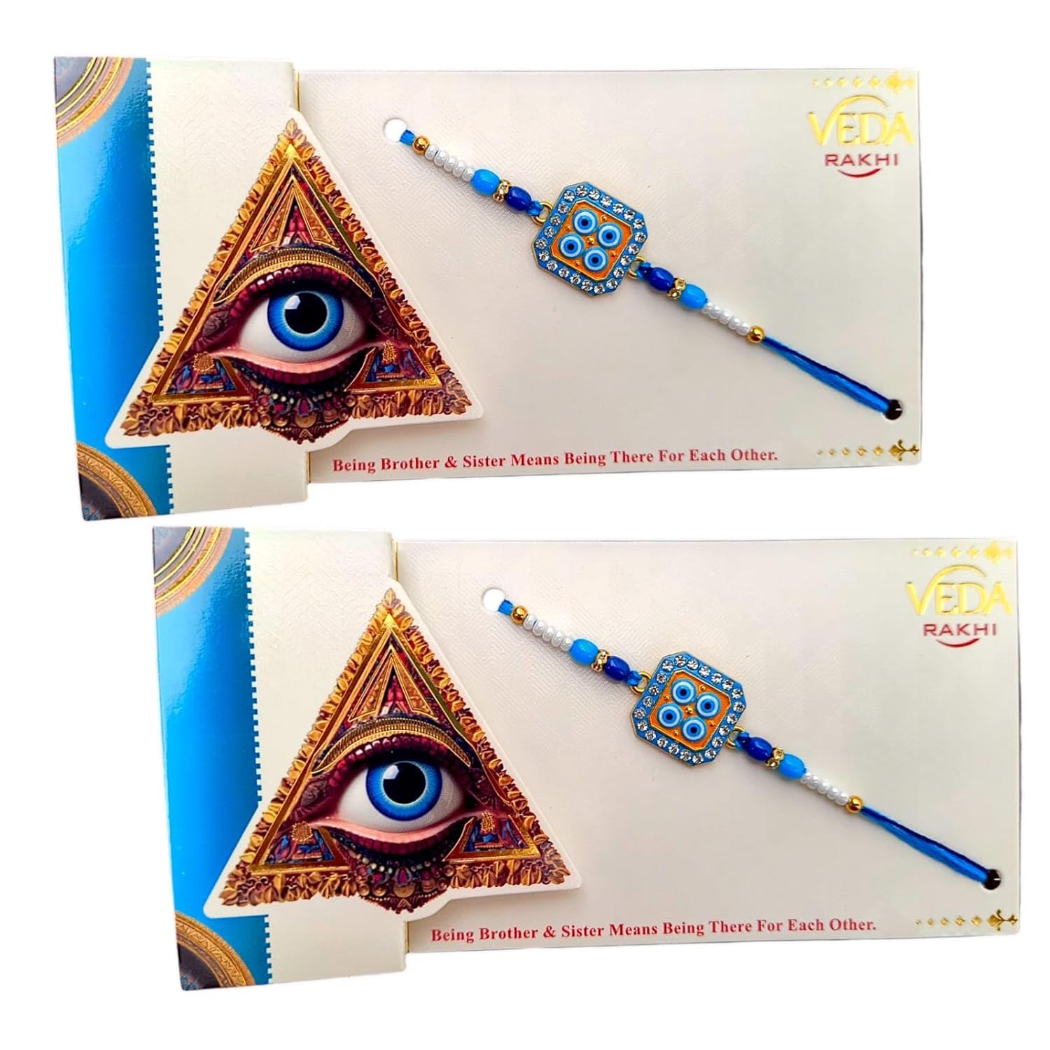 Evil Eye Rakhi for Brother Set of 2 Designer Rakhis with Blue & White Beads Protective Rakhi with Decorative Gift Card for Raksha Bandhan - Image 2