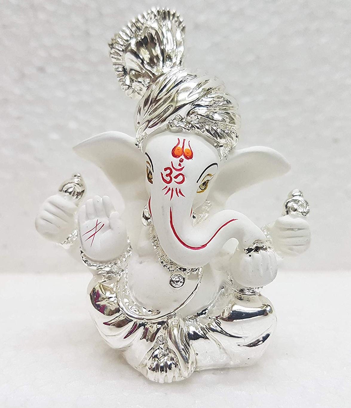 Gold Art India Ceramic Pagdi Ganesh Idol For Car Dashboard Small Ganesha Murti Ganpati Idol For Home Decor Puja Lord Ganesh Statue Gift For Office Desk Puja Room Figurine, 6X4X3Cm, Silver, Idol - Image 2