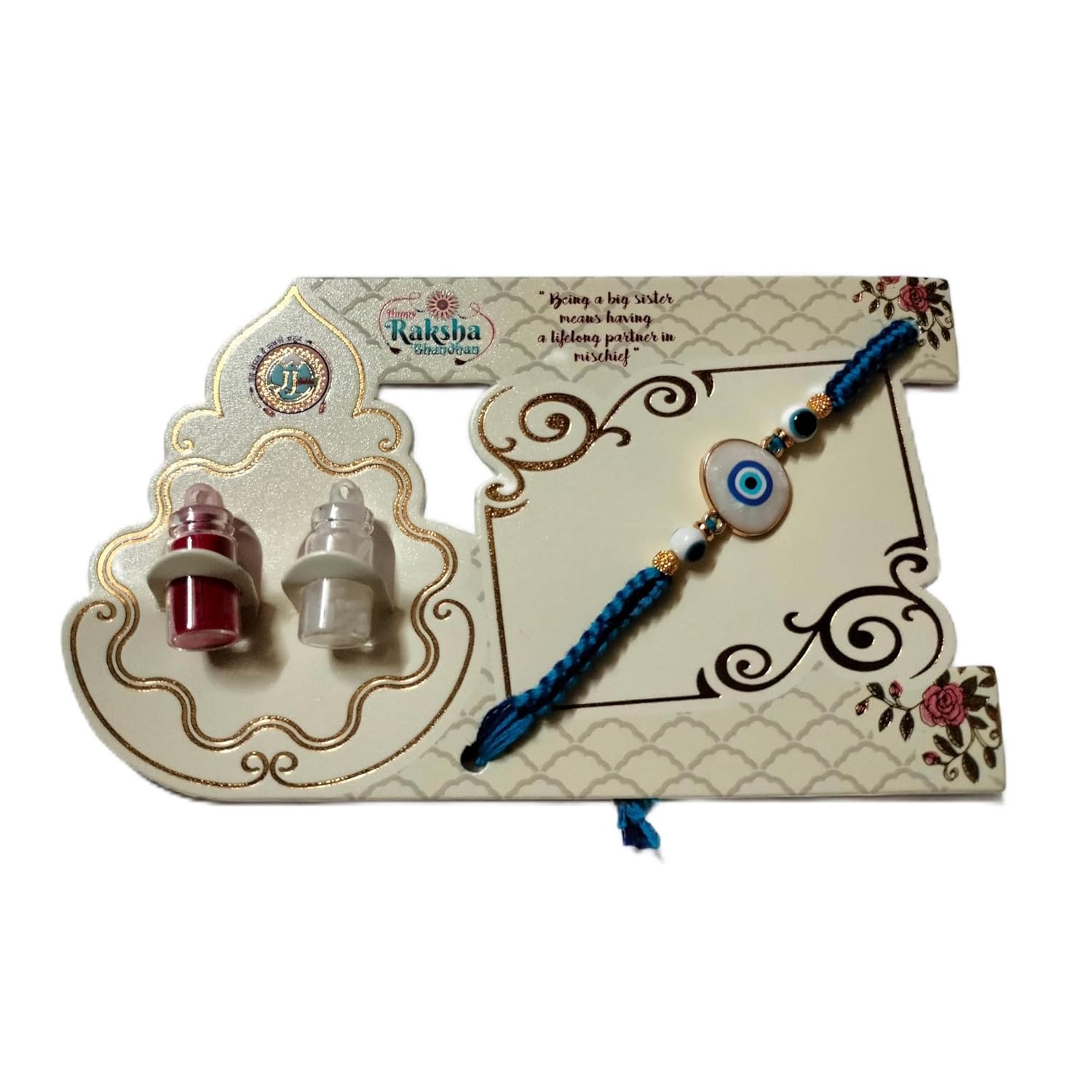 VedaVedu Traditional Evil Eye Rakhi with Roli Chawal Gift Set for Rakshabandhan, Blue and Gold - Image 2