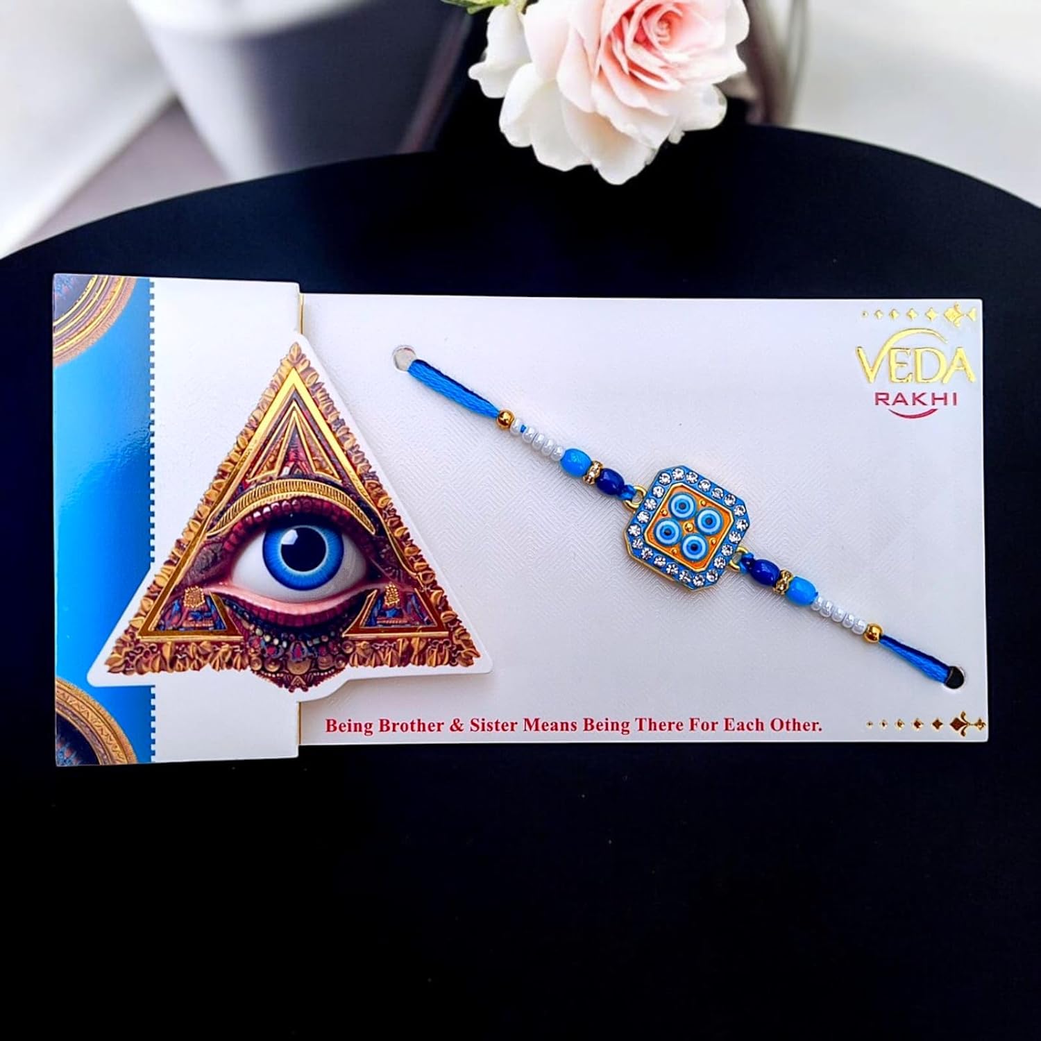 Evil Eye Rakhi for Brother Set of 2 Designer Rakhis with Blue & White Beads Protective Rakhi with Decorative Gift Card for Raksha Bandhan - Image 4