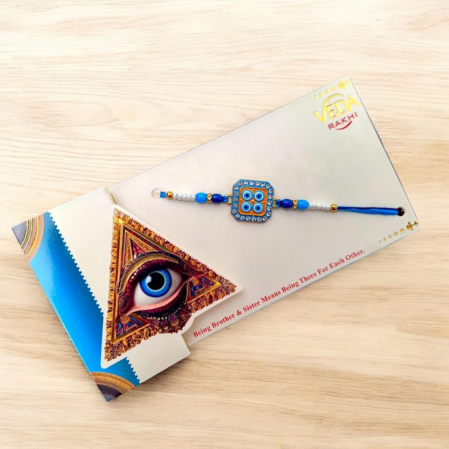 Evil Eye Rakhi for Brother Set of 2 Designer Rakhis with Blue & White Beads Protective Rakhi with Decorative Gift Card for Raksha Bandhan - Image 3