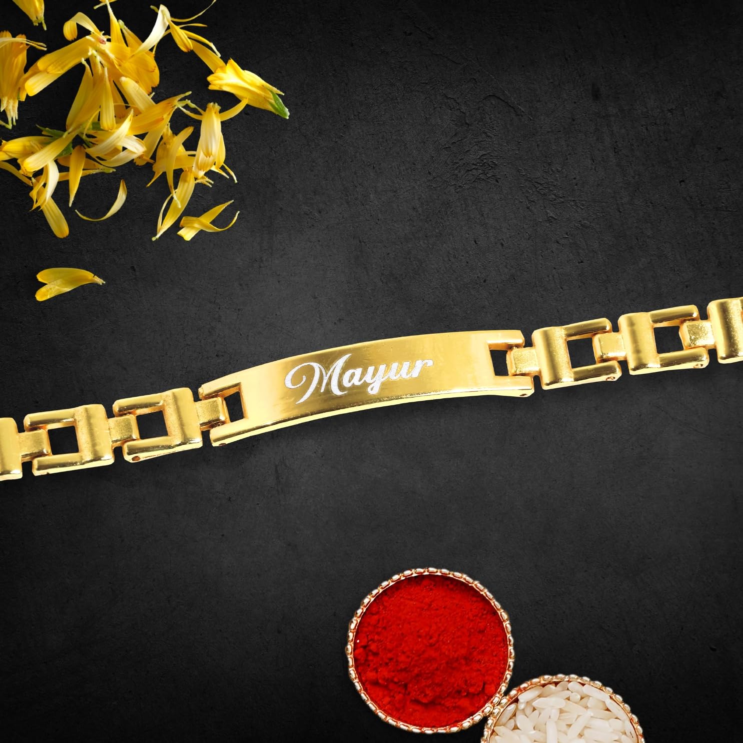 Innovative Gifts Personalized Metal Rakhi with Name for Brother I Hand carved Brass Made I Engraved Name Bracelet I Stylish Trendy & Long Lasting Customized gift for Bhaiya on Rakshabandhan - Golden - Image 5
