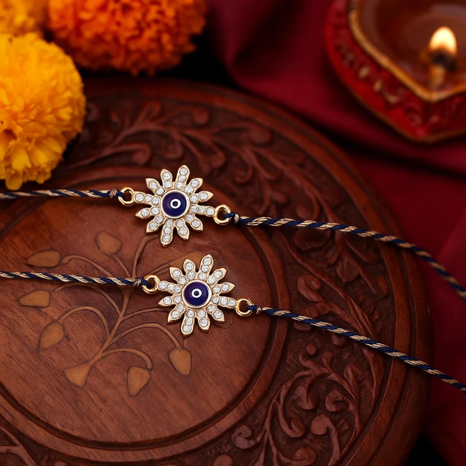 2wist Designs Evil Eye Sunburst Bracelet for Brother | CZ Studded Nazar Charm in Silver & Gold Finish | Raksha Bandhan Gift with Braided Thread - Image 3