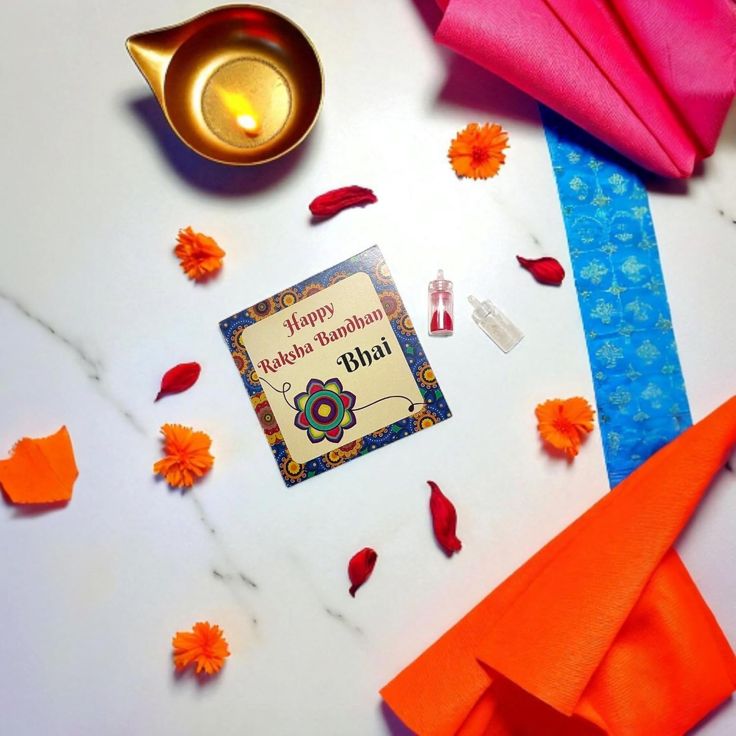 VedaVedu Traditional Evil Eye Rakhi with Roli Chawal Gift Set for Rakshabandhan, Blue and Gold - Image 5