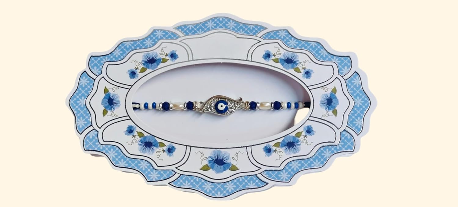 Evil Eye Rakhi with Crystal Stones, Blue and White Beads, Silver-Toned Charm - Pack of 1 - Image 4